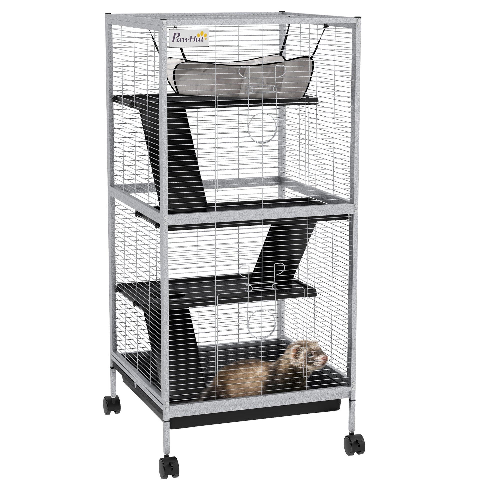 Small Animal Cage with Wheels Pet Home for Chinchillas Ferrets Kittens, with Hammock, 4 Platforms, Removable Tray, Light Grey