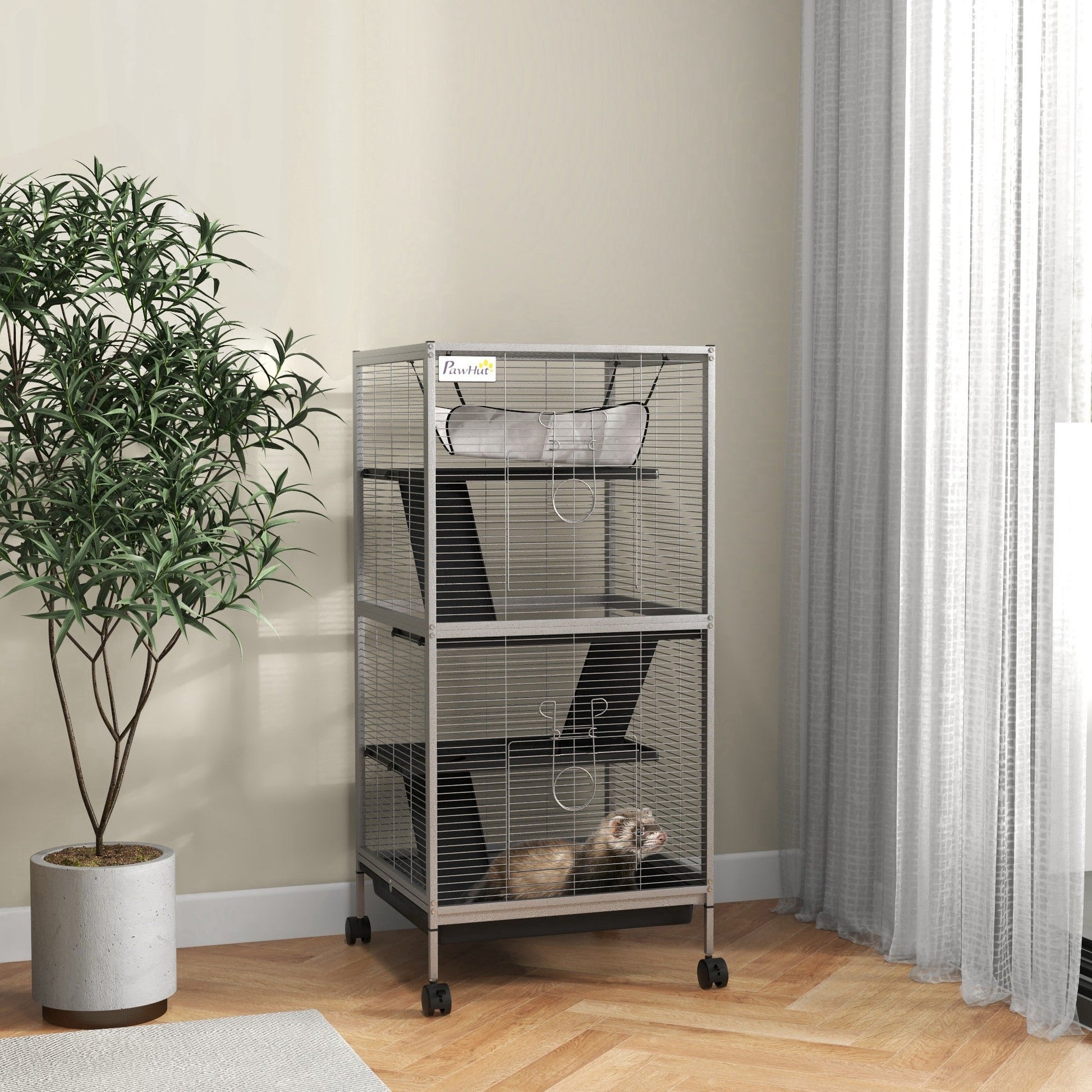 Small Animal Cage with Wheels Pet Home for Chinchillas Ferrets Kittens, with Hammock, 4 Platforms, Removable Tray, Light Grey
