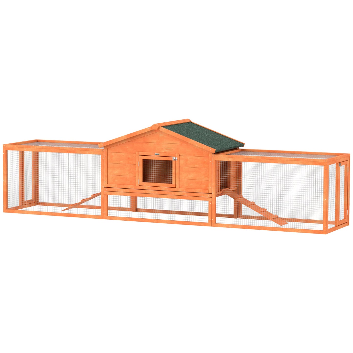 Rabbit Hutch Run, Guinea Pig Hutch Wooden Bunny House with Tray, Ramps, Asphalt Roof, for Garden, Yard, 309 x 70 x 87cm, Orange