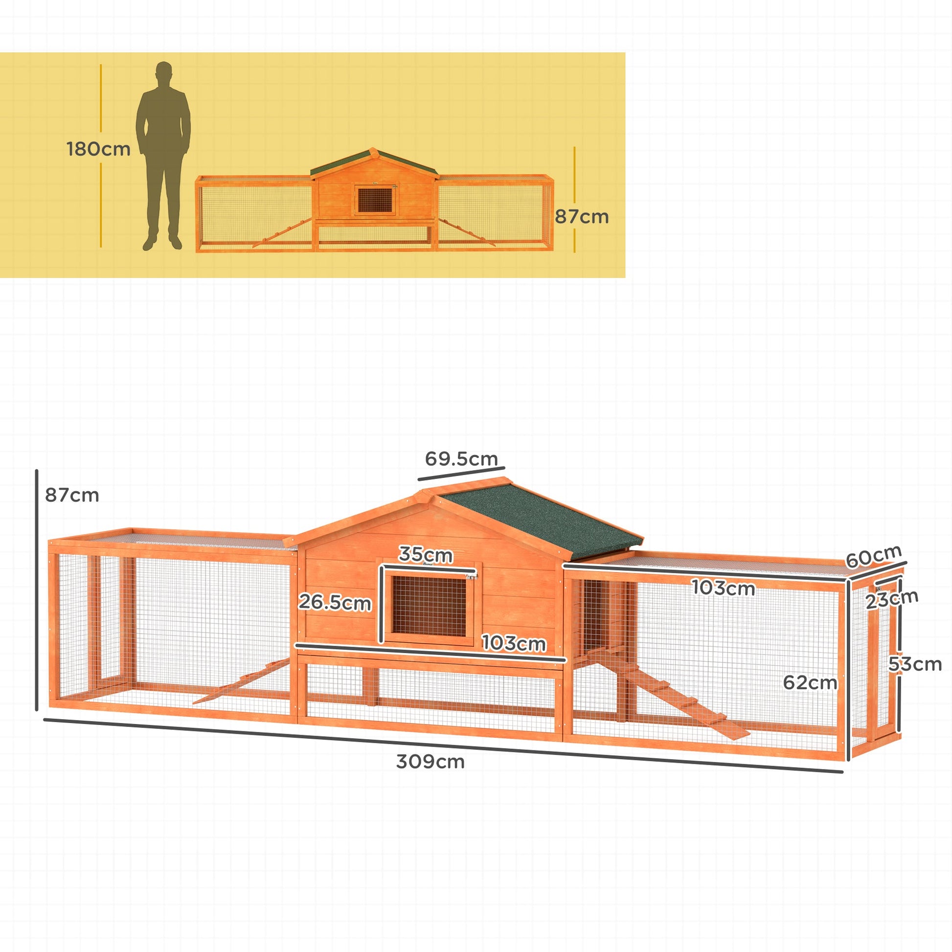 Rabbit Hutch Run, Guinea Pig Hutch Wooden Bunny House with Tray, Ramps, Asphalt Roof, for Garden, Yard, 309 x 70 x 87cm, Orange