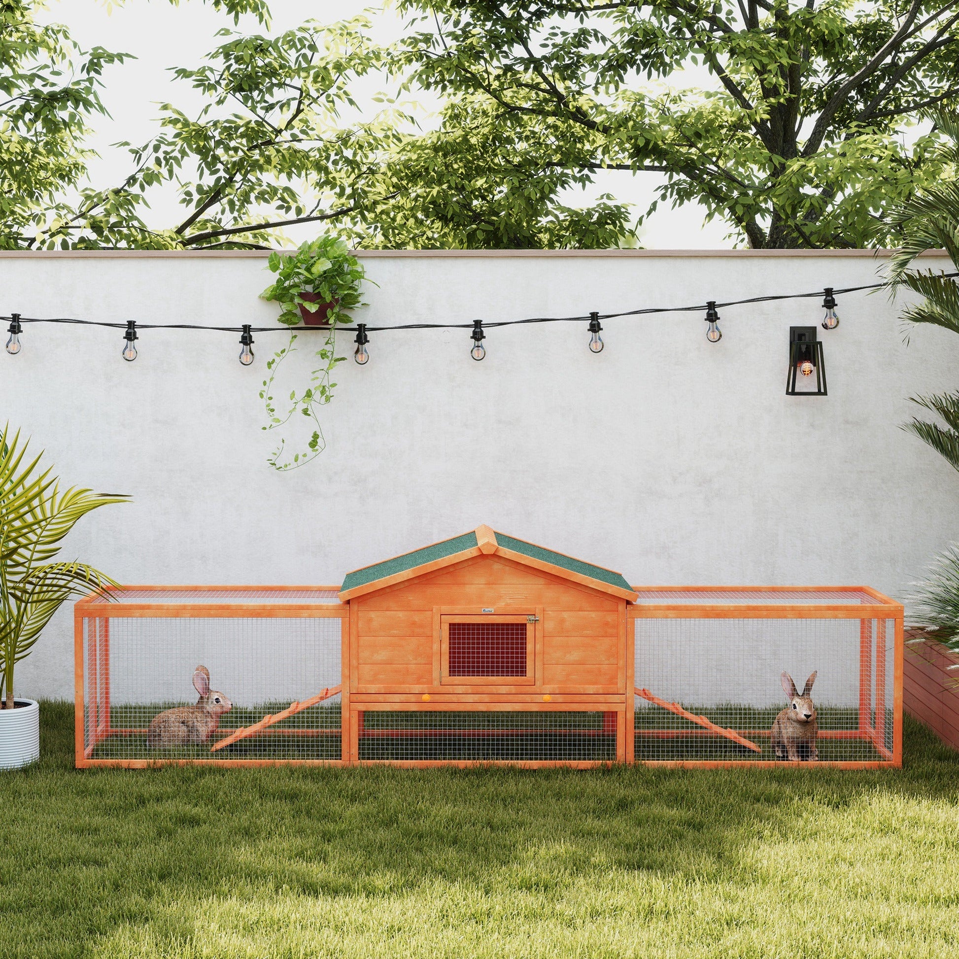 Rabbit Hutch Run, Guinea Pig Hutch Wooden Bunny House with Tray, Ramps, Asphalt Roof, for Garden, Yard, 309 x 70 x 87cm, Orange