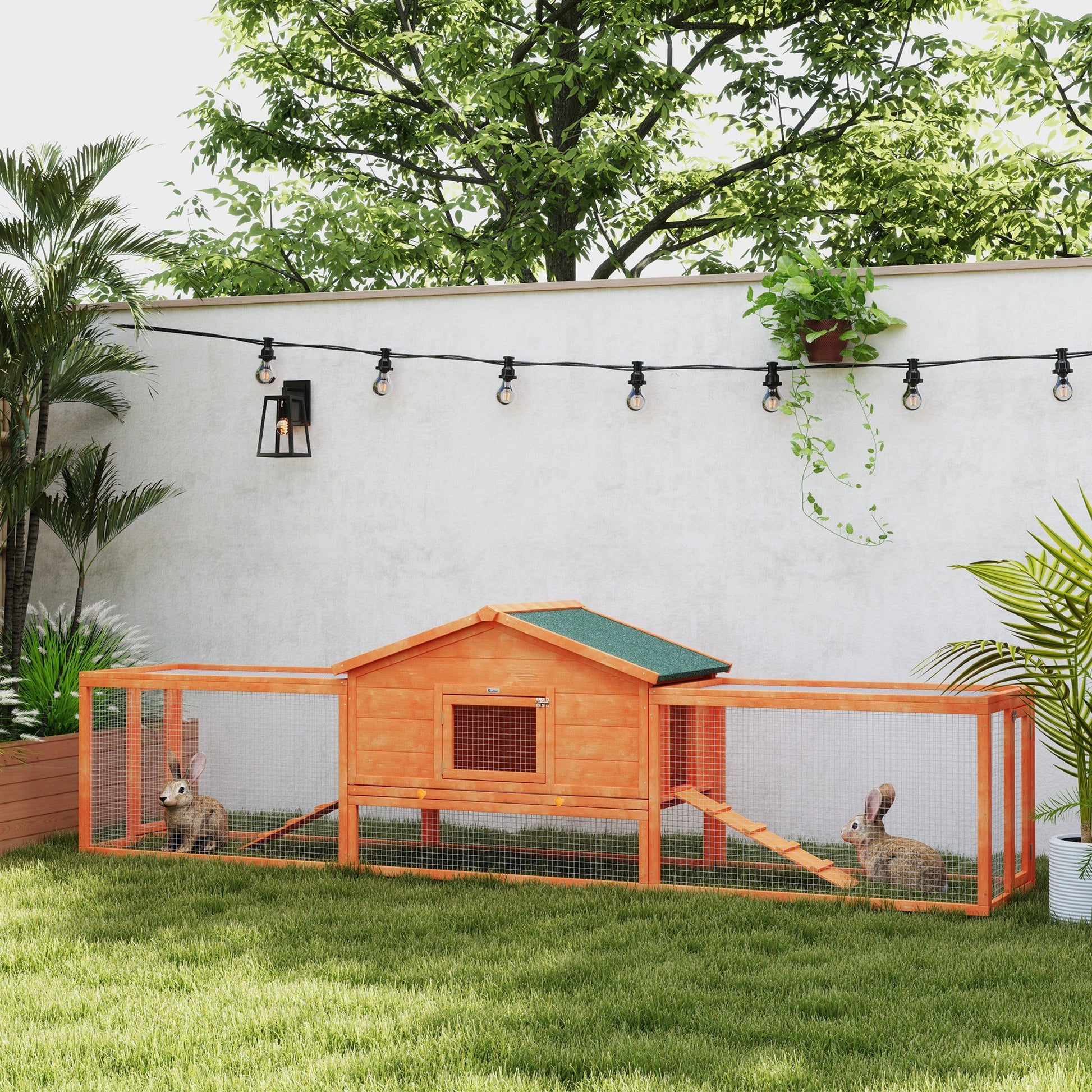 Rabbit Hutch Run, Guinea Pig Hutch Wooden Bunny House with Tray, Ramps, Asphalt Roof, for Garden, Yard, 309 x 70 x 87cm, Orange