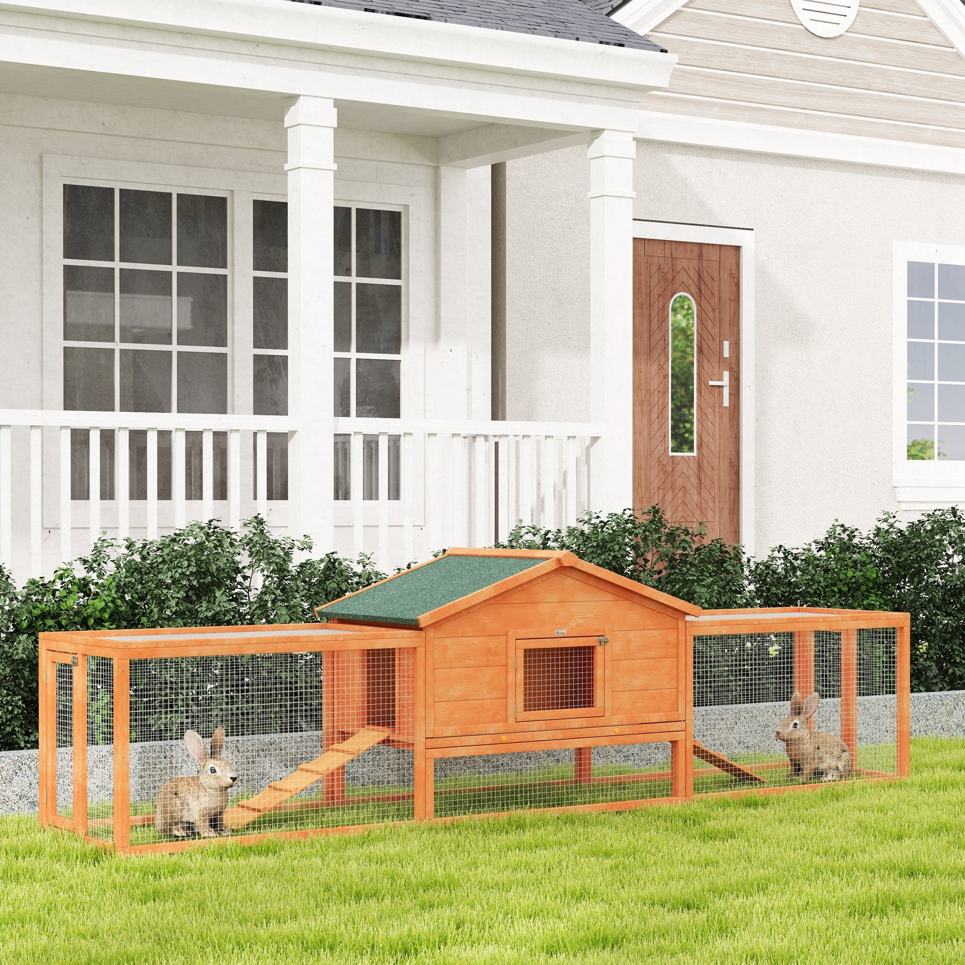 Rabbit Hutch Run, Guinea Pig Hutch Wooden Bunny House with Tray, Ramps, Asphalt Roof, for Garden, Yard, 309 x 70 x 87cm, Orange