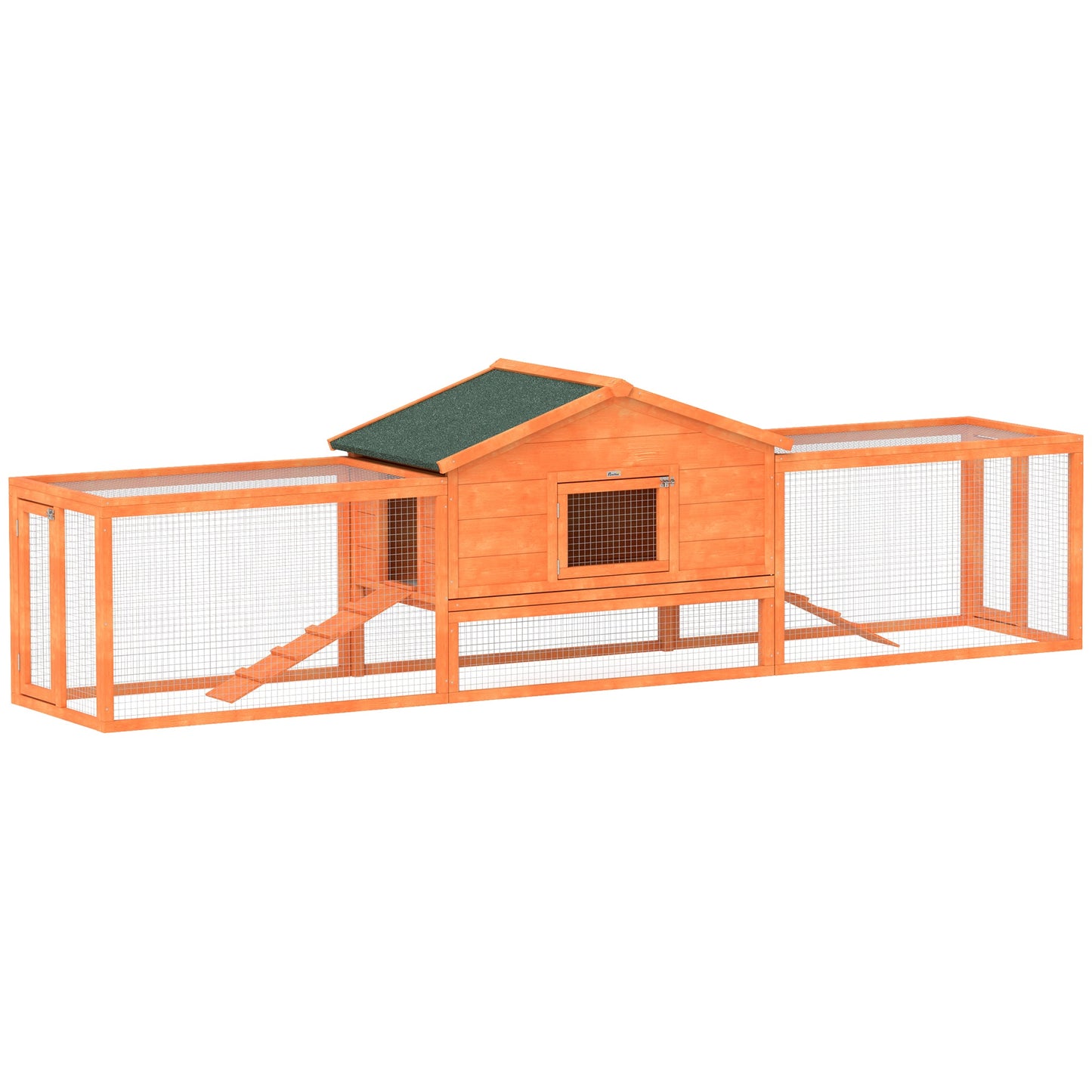 Rabbit Hutch Run, Guinea Pig Hutch Wooden Bunny House with Tray, Ramps, Asphalt Roof, for Garden, Yard, 309 x 70 x 87cm, Orange