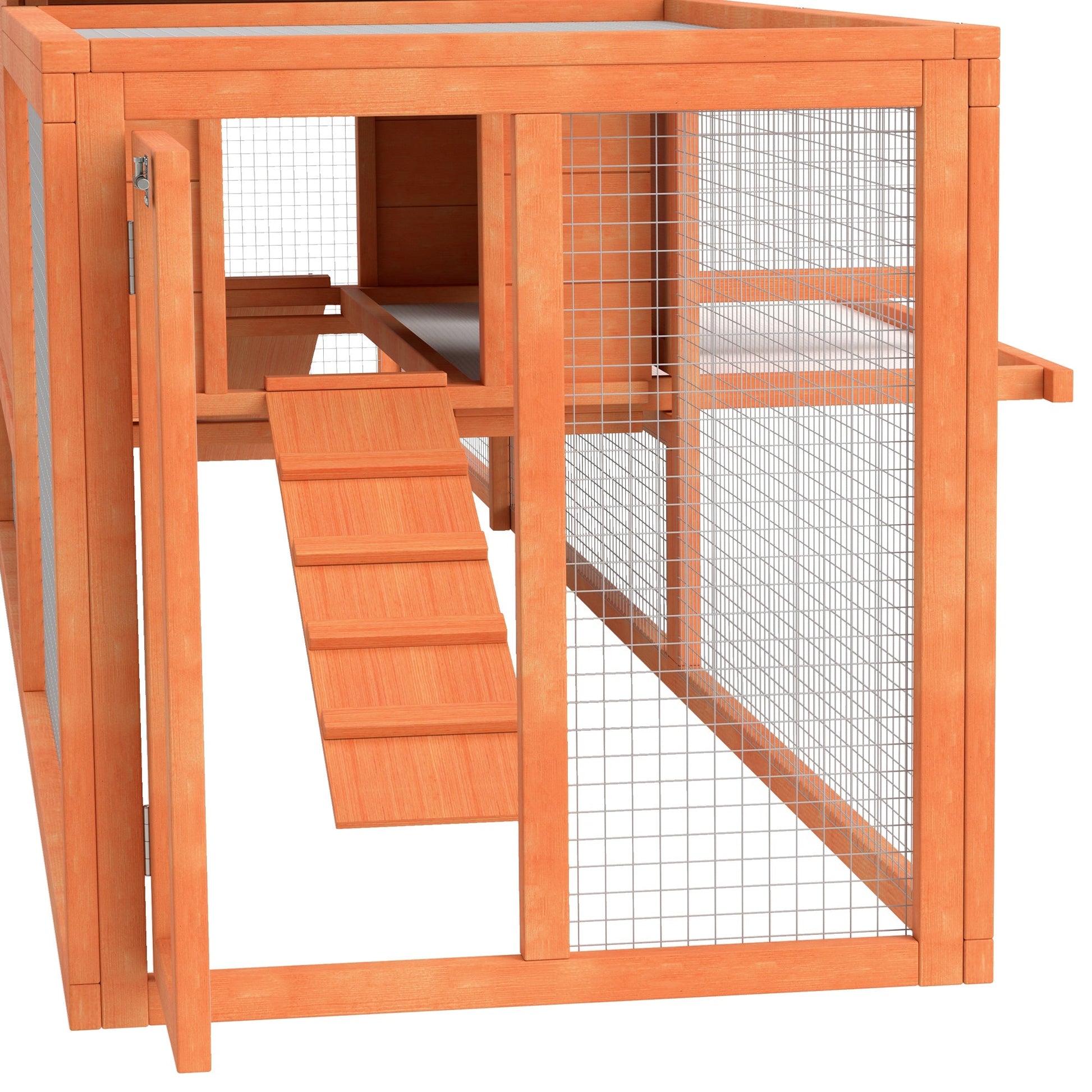 Rabbit Hutch Run, Guinea Pig Hutch Wooden Bunny House with Tray, Ramps, Asphalt Roof, for Garden, Yard, 309 x 70 x 87cm, Orange