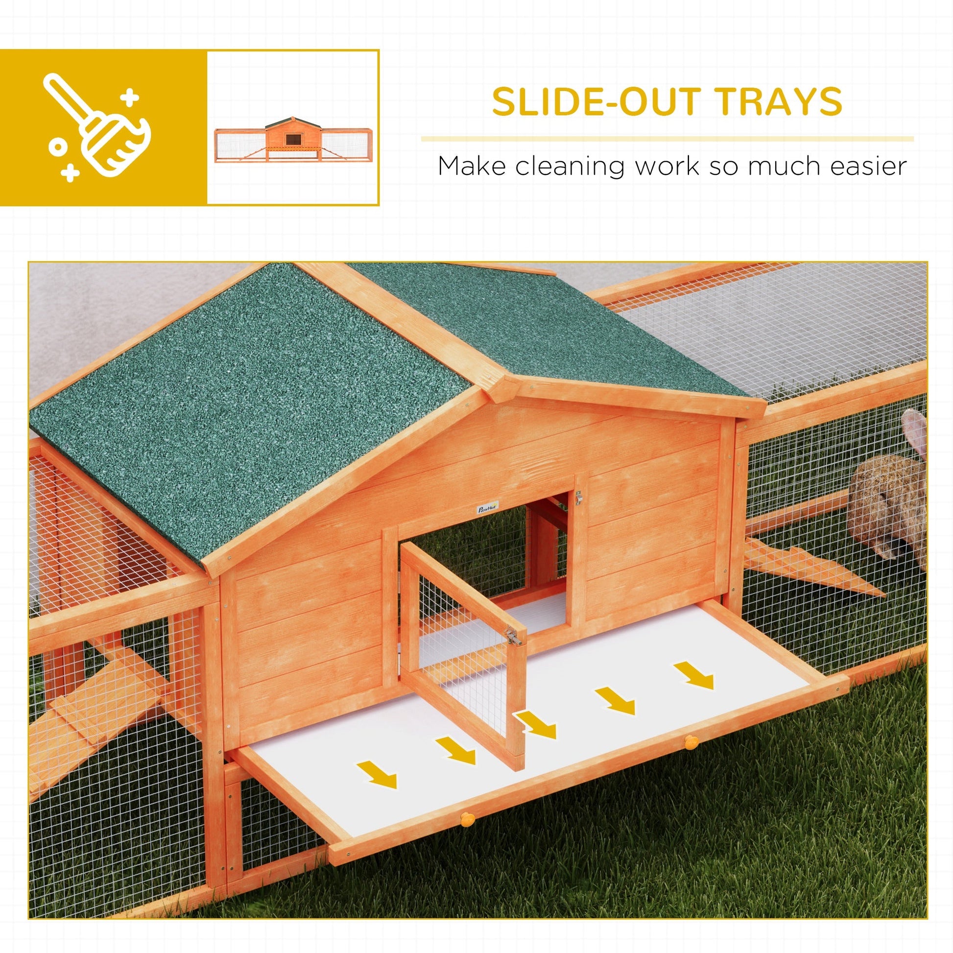Rabbit Hutch Run, Guinea Pig Hutch Wooden Bunny House with Tray, Ramps, Asphalt Roof, for Garden, Yard, 309 x 70 x 87cm, Orange