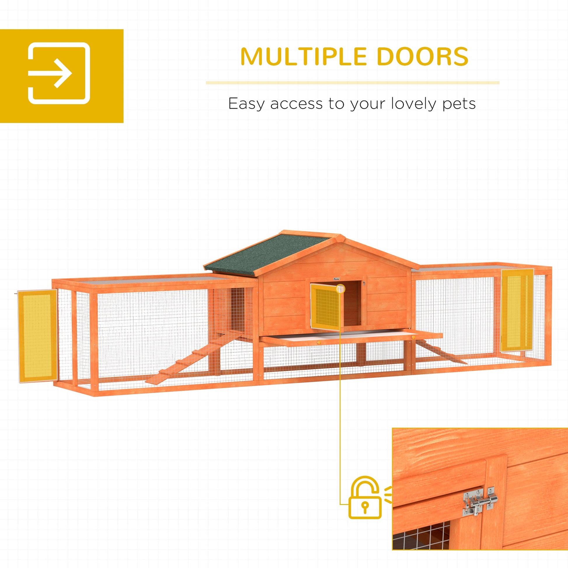 Rabbit Hutch Run, Guinea Pig Hutch Wooden Bunny House with Tray, Ramps, Asphalt Roof, for Garden, Yard, 309 x 70 x 87cm, Orange