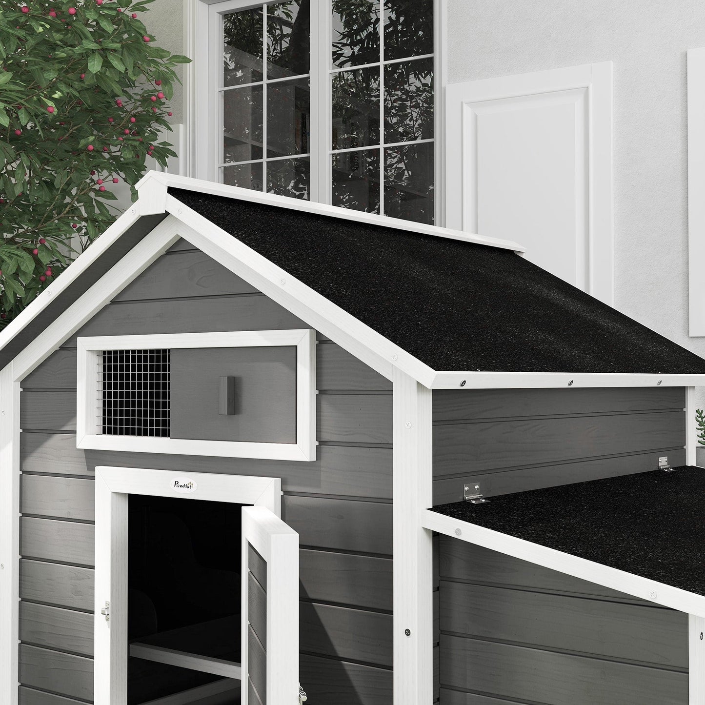 Chicken Coop, Wooden Outdoor Hen House Poultry Cage with Nesting Box, Openable Waterproof Top, Pull-Out Tray, 150 x 100 x 97cm, Grey