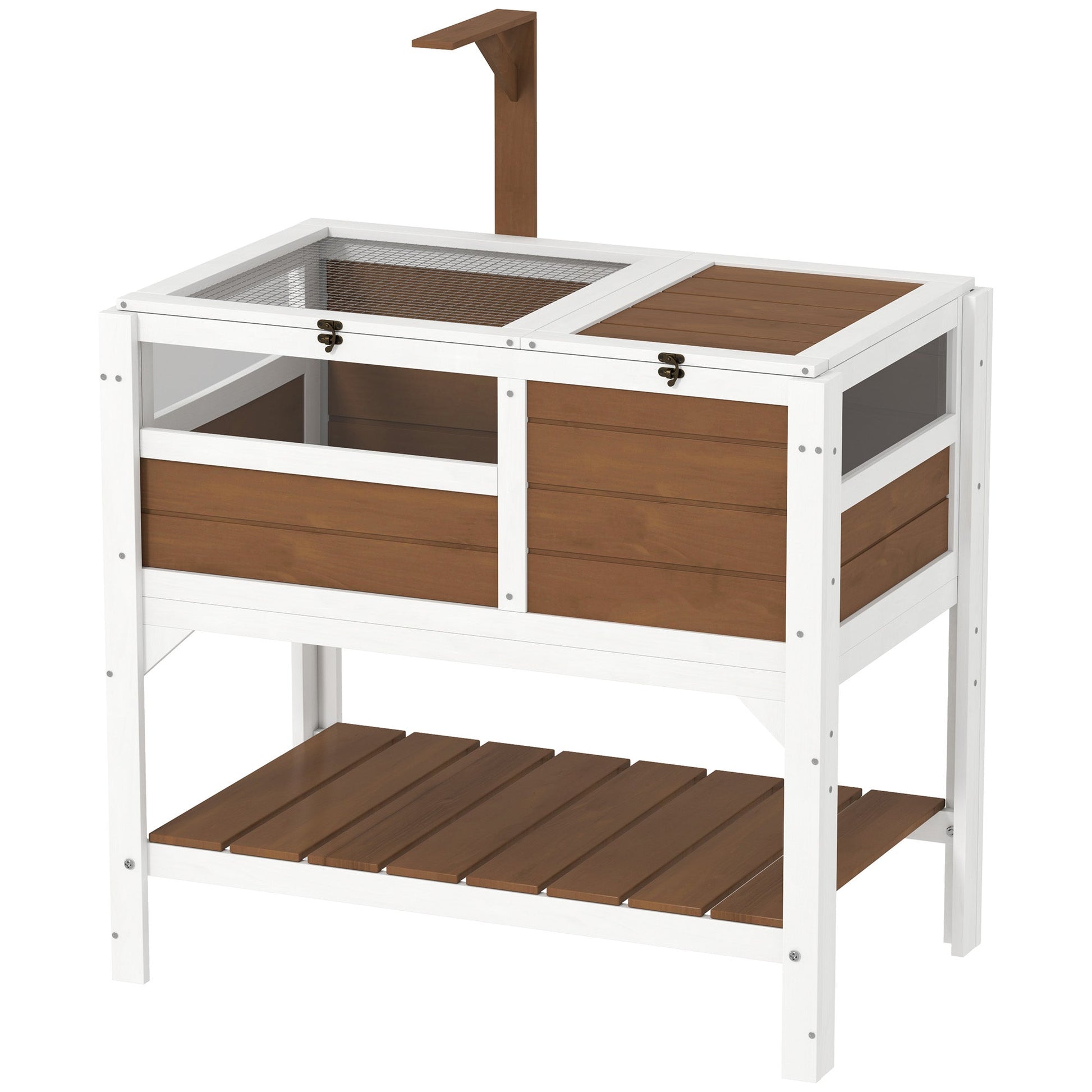 Tortoise House w/ Shelf, Small Pet Reptile Wooden House w/ Hide Shelter Den and Run, Lamp Holder, Tray, for Indoors, Outdoors - Brown