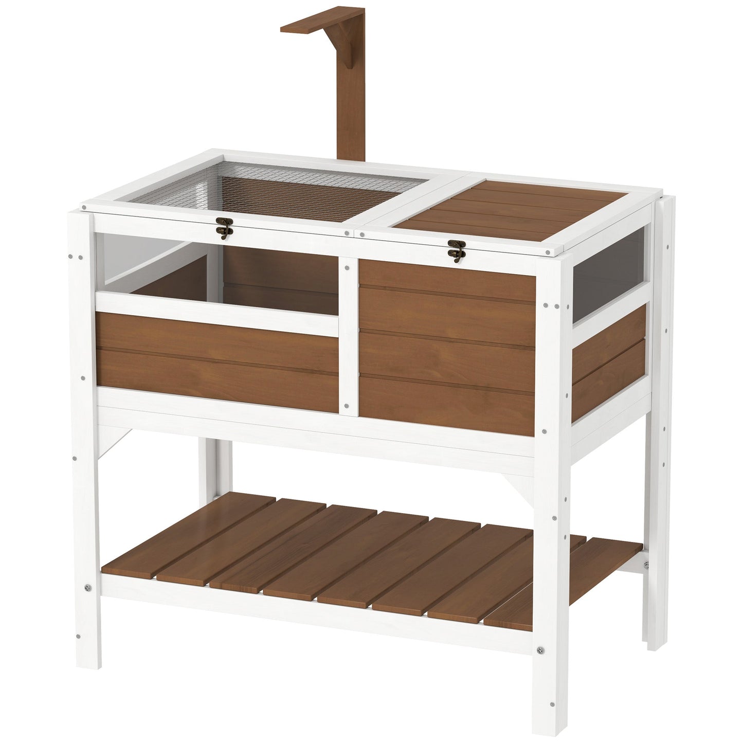 Tortoise House w/ Shelf, Small Pet Reptile Wooden House w/ Hide Shelter Den and Run, Lamp Holder, Tray, for Indoors, Outdoors - Brown