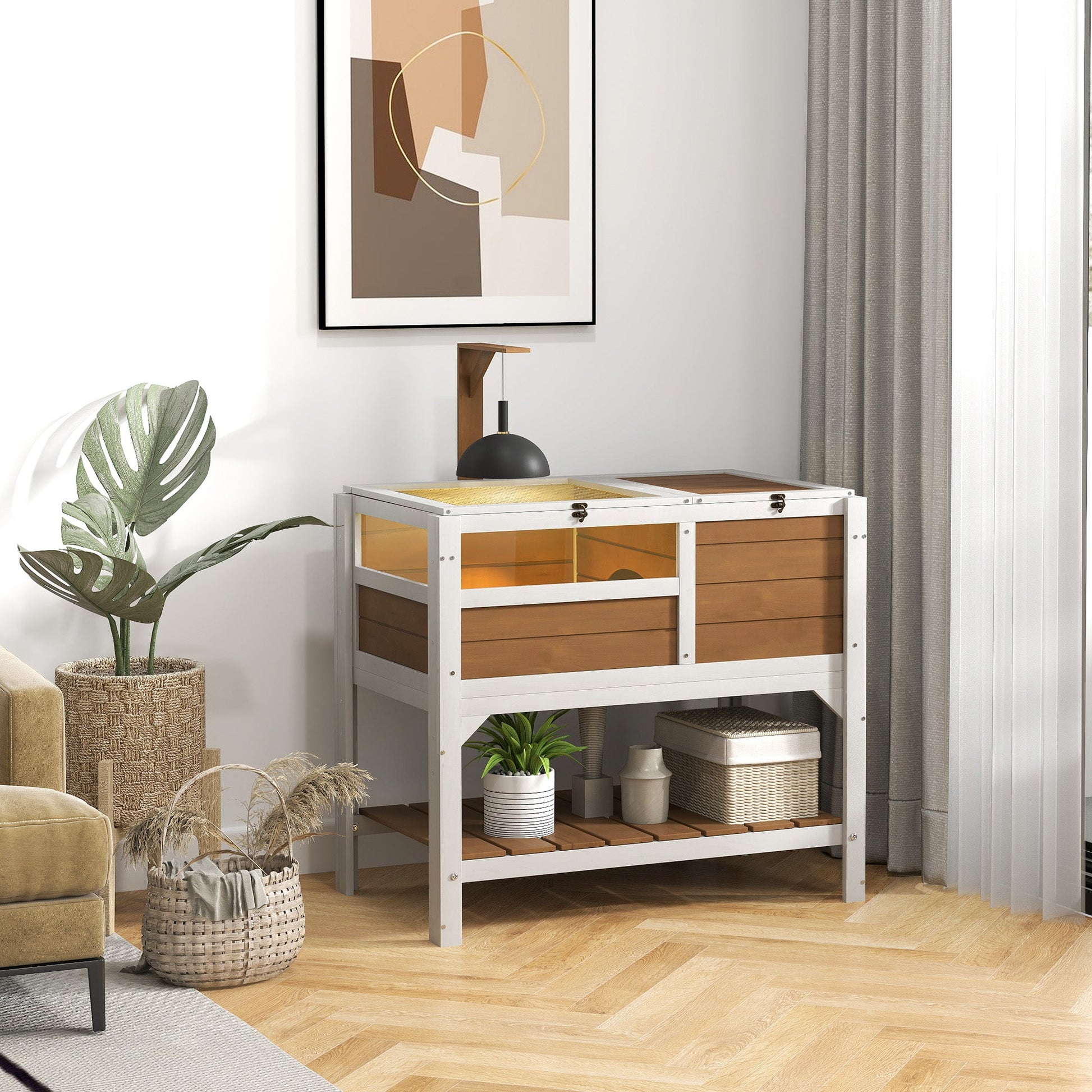 Tortoise House w/ Shelf, Small Pet Reptile Wooden House w/ Hide Shelter Den and Run, Lamp Holder, Tray, for Indoors, Outdoors - Brown