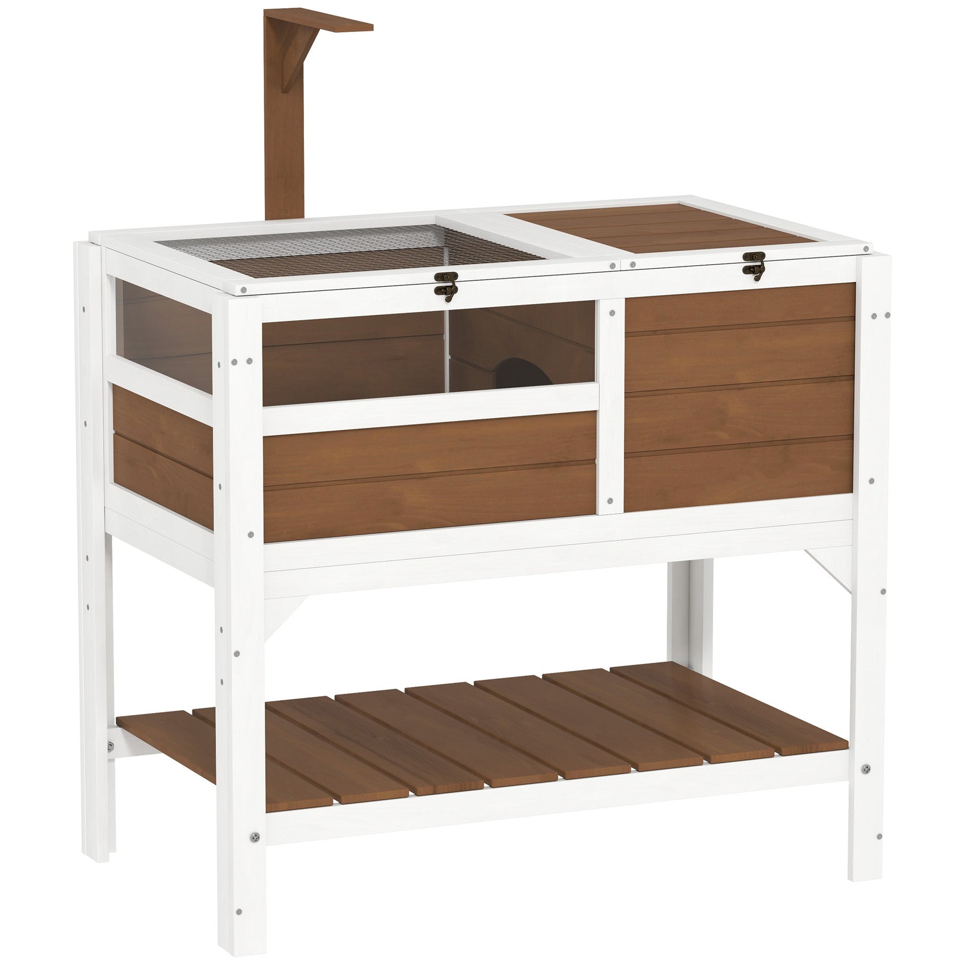 Tortoise House w/ Shelf, Small Pet Reptile Wooden House w/ Hide Shelter Den and Run, Lamp Holder, Tray, for Indoors, Outdoors - Brown