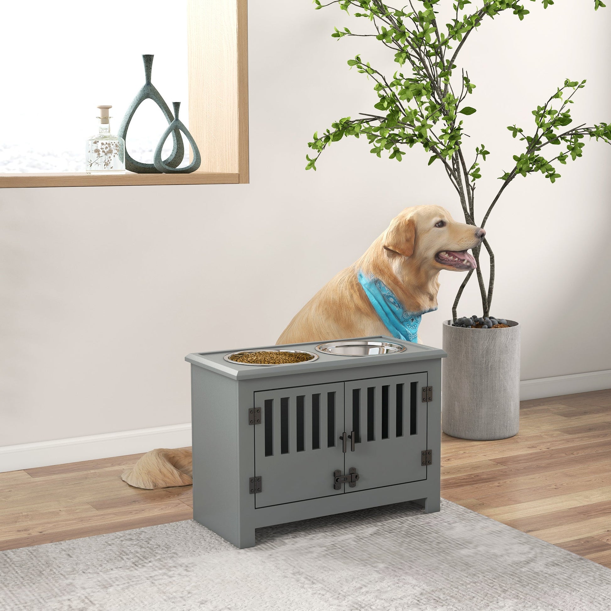 Raised Dog Bowls for Large Dogs, Pet Feeding Station, Doors with Latch, Storage Cabinet, Two Stainless Steel Bowls - Grey