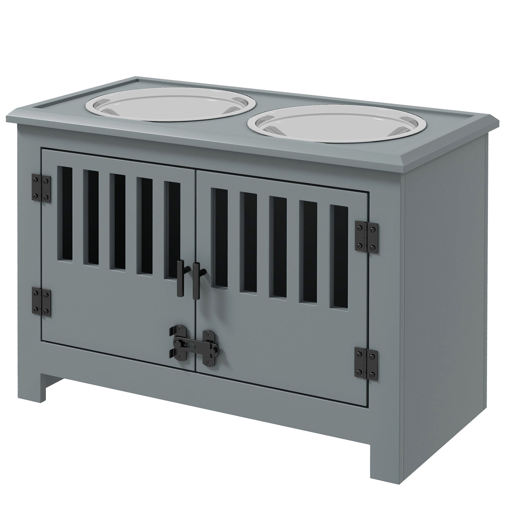 Raised Dog Bowls for Large Dogs, Pet Feeding Station, Doors with Latch, Storage Cabinet, Two Stainless Steel Bowls - Grey