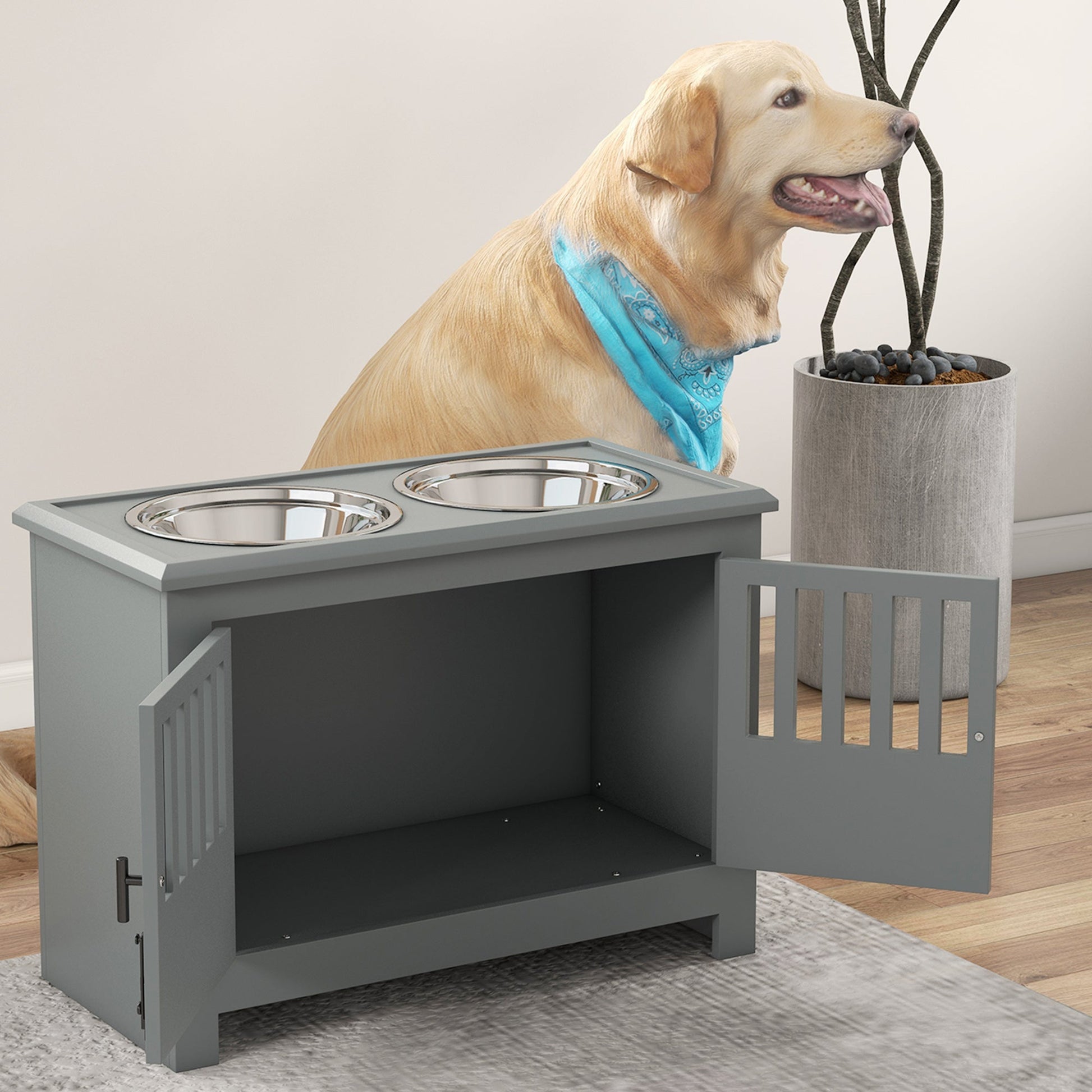 Raised Dog Bowls for Large Dogs, Pet Feeding Station, Doors with Latch, Storage Cabinet, Two Stainless Steel Bowls - Grey