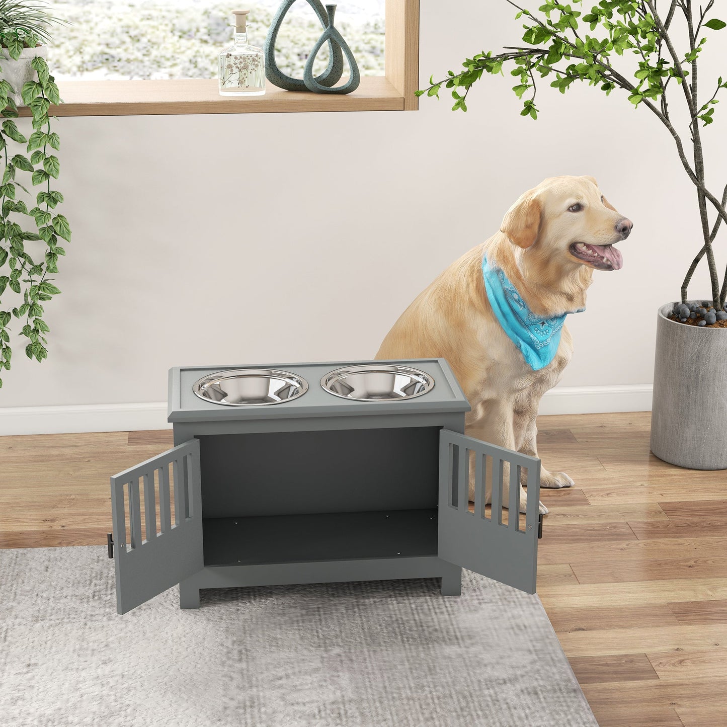 Raised Dog Bowls for Large Dogs, Pet Feeding Station, Doors with Latch, Storage Cabinet, Two Stainless Steel Bowls - Grey