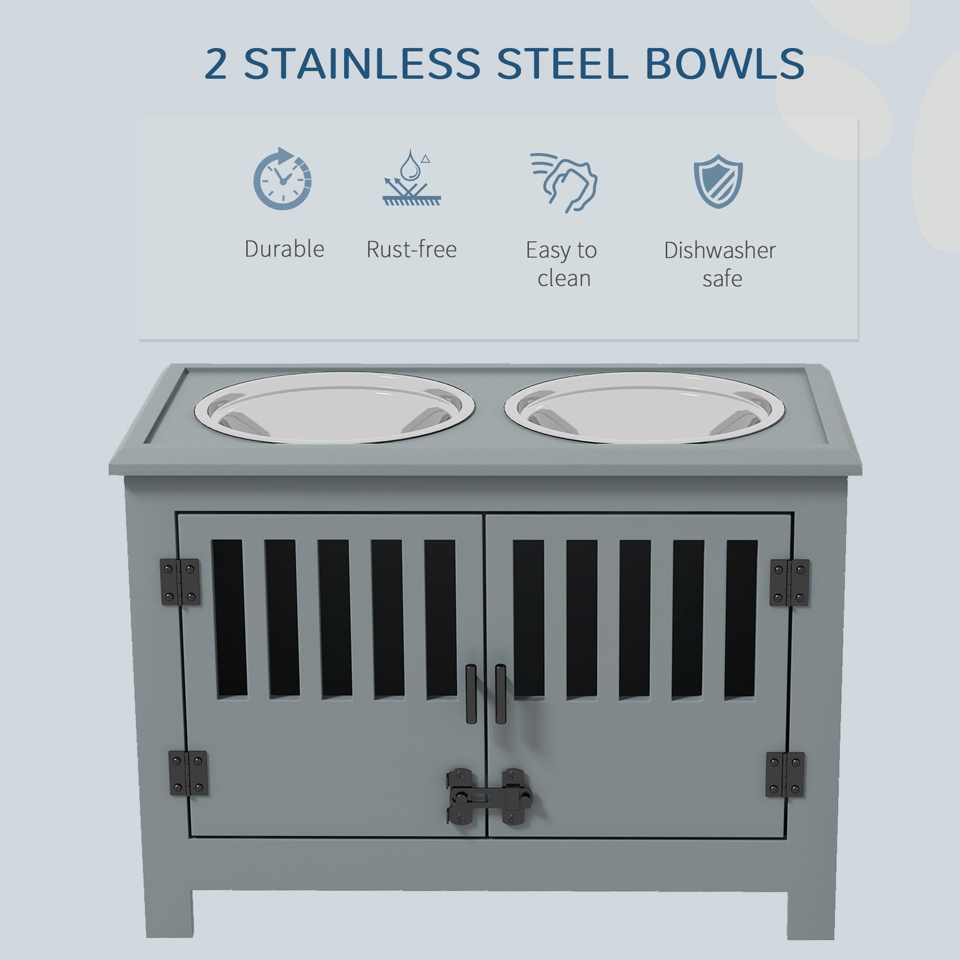 Raised Dog Bowls for Large Dogs, Pet Feeding Station, Doors with Latch, Storage Cabinet, Two Stainless Steel Bowls - Grey