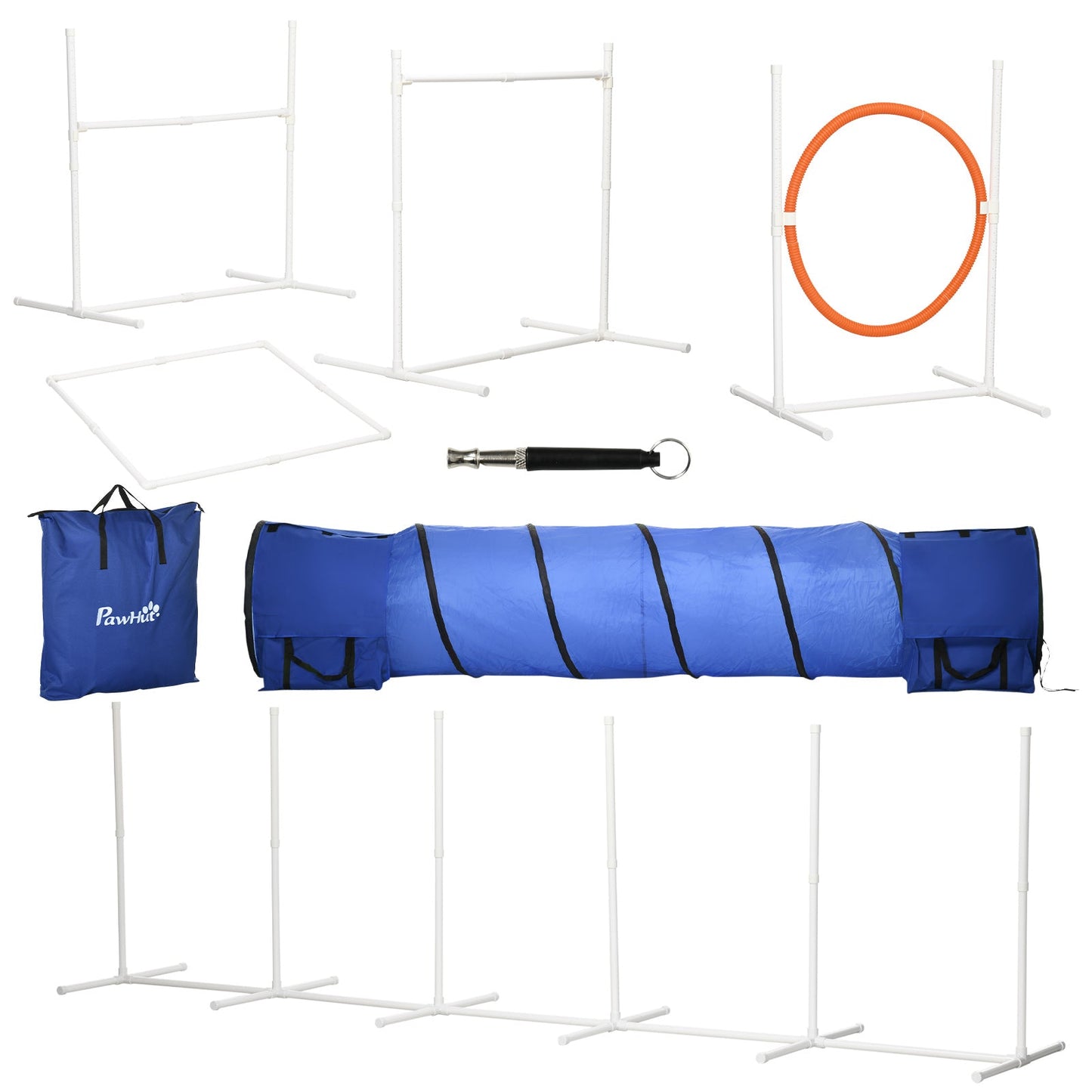 Dog Agility Equipment Set 6 PCs with 3(m) Tunnel, Canine Whistle, Pause Box, Dog Jumps, Weave Poles