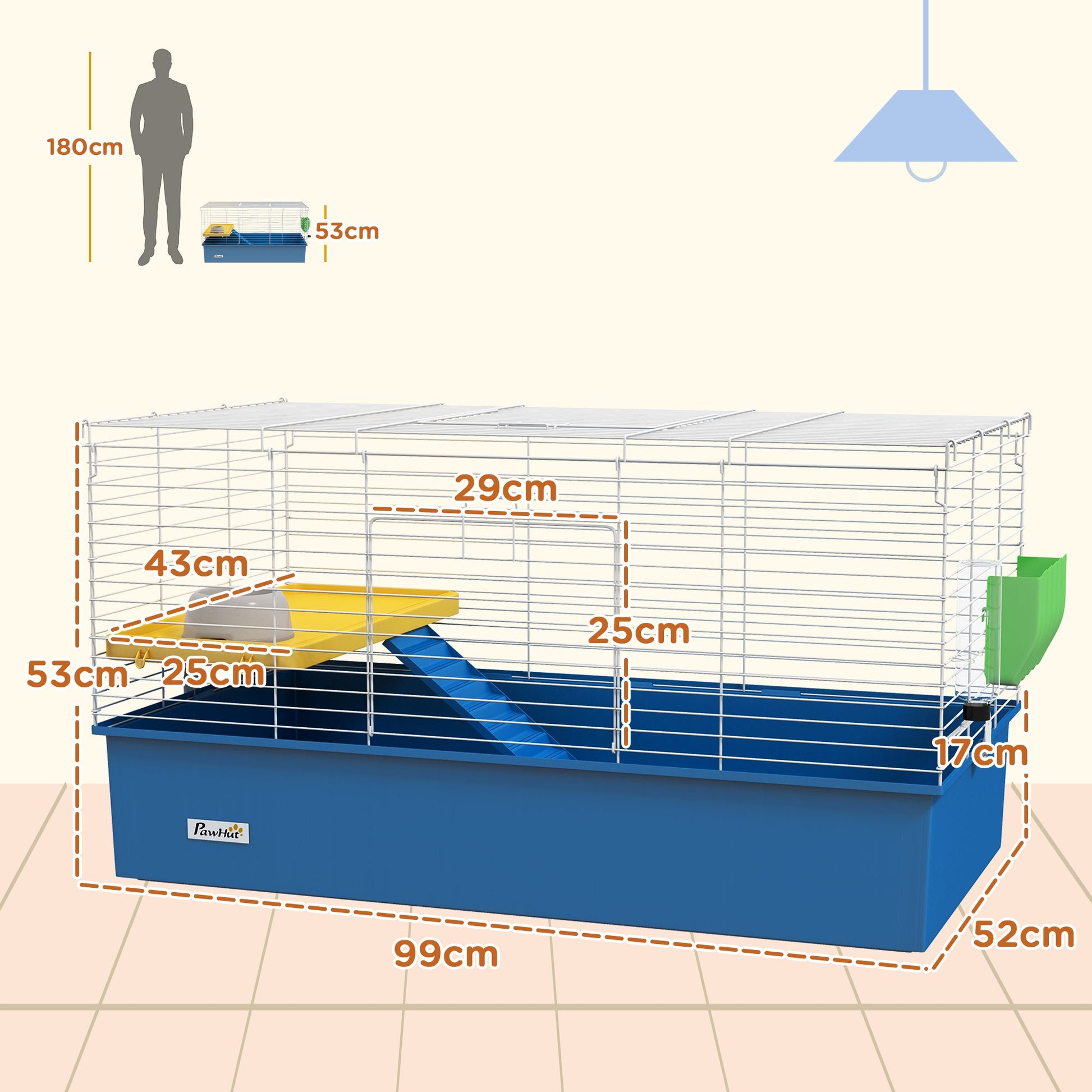 Guinea Pig Cage Chinchillas Rabbit Small Animal Cage with Ramp, Dish, Water Bottle, 99 x 52 x 53cm, Blue