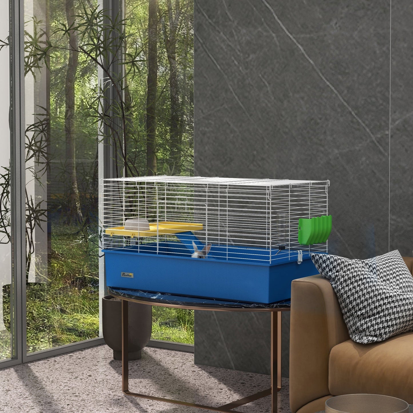 Guinea Pig Cage Chinchillas Rabbit Small Animal Cage with Ramp, Dish, Water Bottle, 99 x 52 x 53cm, Blue