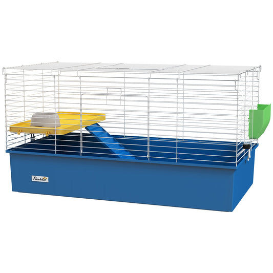 Guinea Pig Cage Chinchillas Rabbit Small Animal Cage with Ramp, Dish, Water Bottle, 99 x 52 x 53cm, Blue