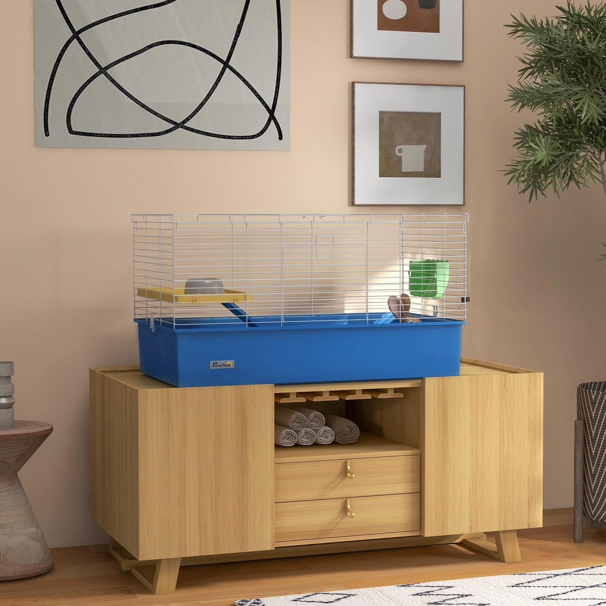 Guinea Pig Cage Chinchillas Rabbit Small Animal Cage with Ramp, Dish, Water Bottle, 99 x 52 x 53cm, Blue