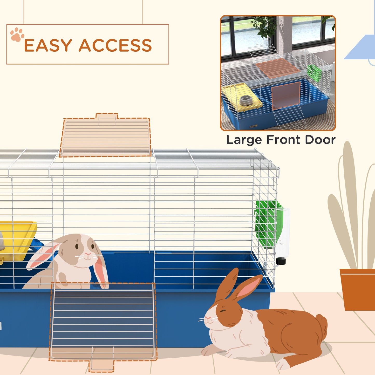 Guinea Pig Cage Chinchillas Rabbit Small Animal Cage with Ramp, Dish, Water Bottle, 99 x 52 x 53cm, Blue