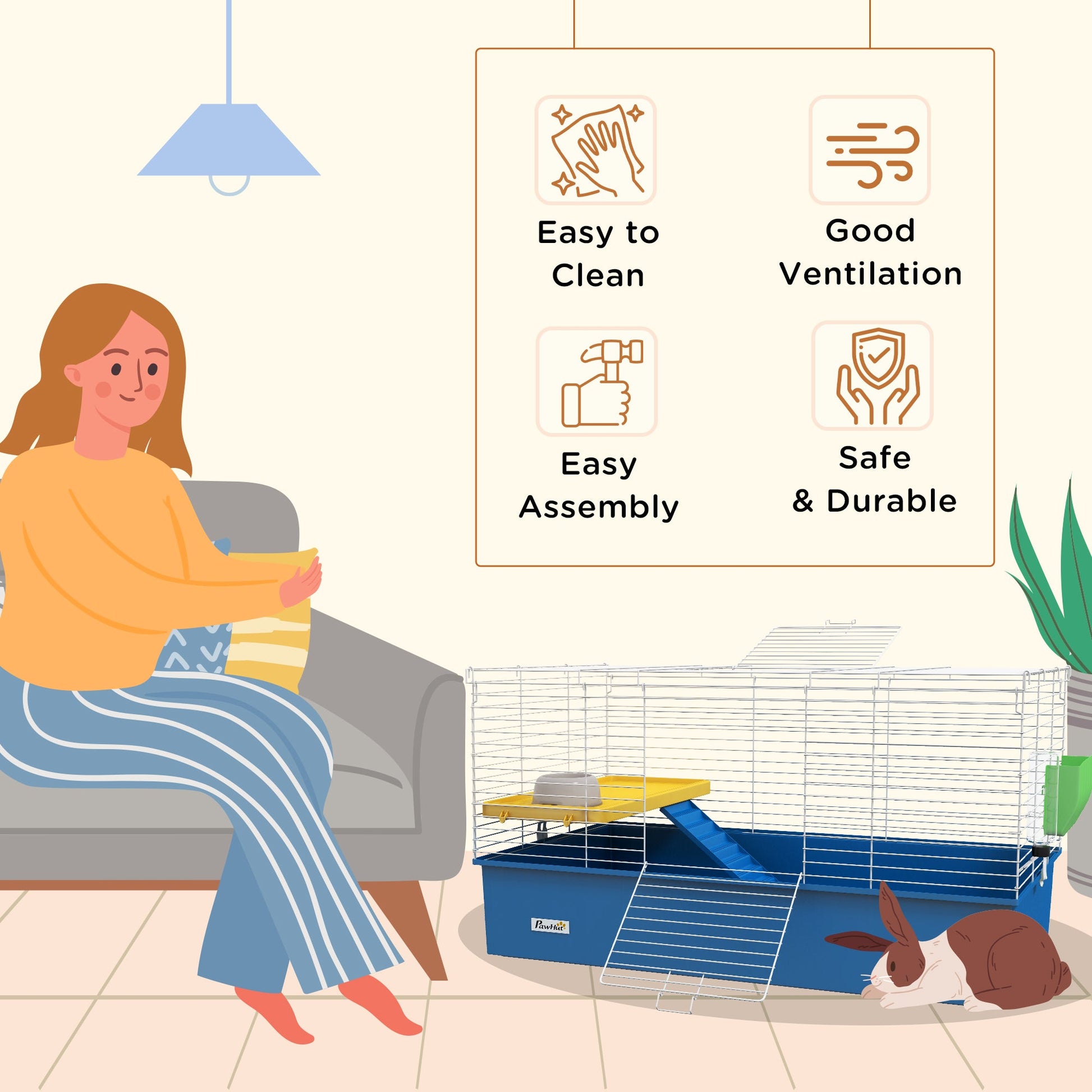 Guinea Pig Cage Chinchillas Rabbit Small Animal Cage with Ramp, Dish, Water Bottle, 99 x 52 x 53cm, Blue