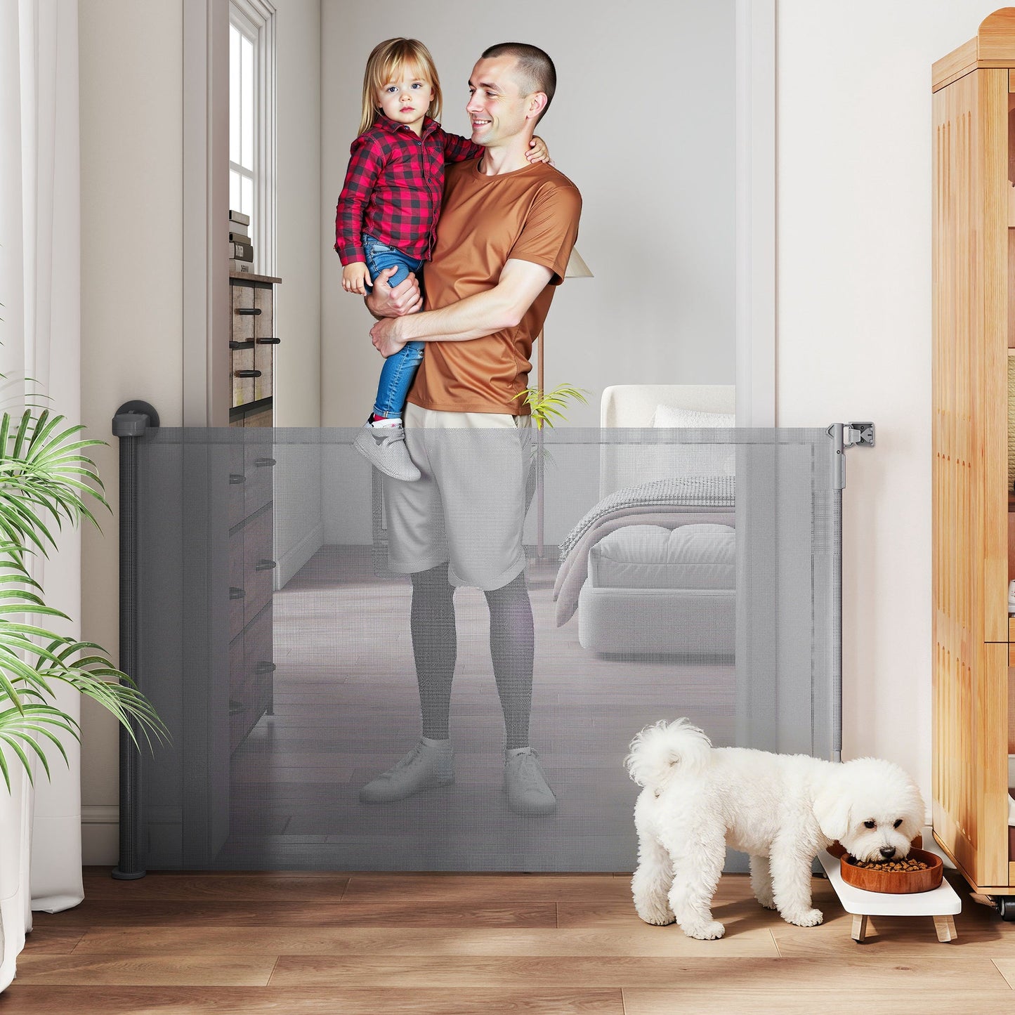 Retractable Stair Gate for Dogs, Pet Gate, Extends to 140 cm Wide & 93 cm Tall, One Handed Operation, for Stairs, Hallways, Doorways, Indoor and Outdoor, Grey