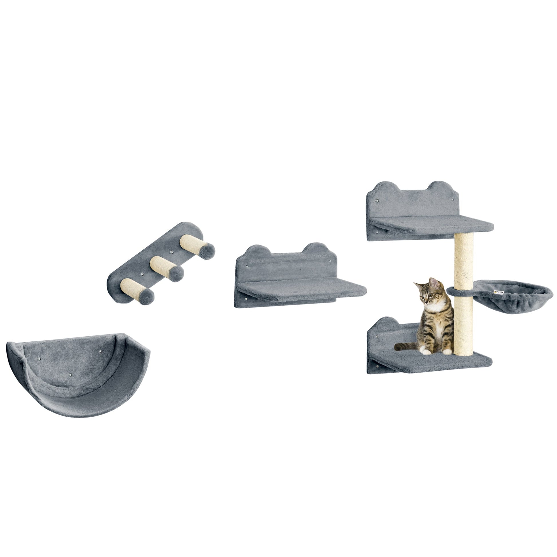 4PCs Wall Mounted Cat Tree Cat Wall Shelves Furniture Climbing Shelf Set Kitten Activity Centre w/ Hammock, Scratching Post - Grey