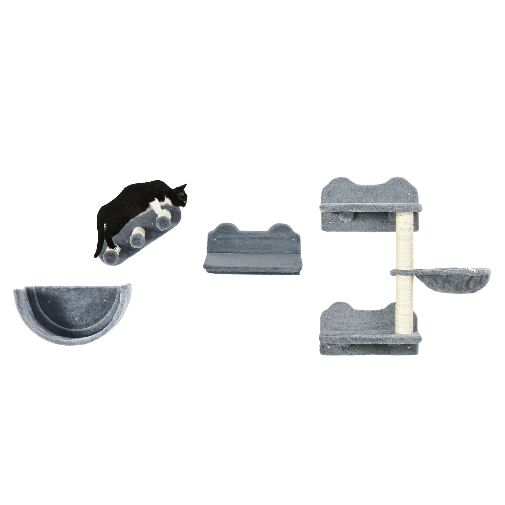 4PCs Wall Mounted Cat Tree Cat Wall Shelves Furniture Climbing Shelf Set Kitten Activity Centre w/ Hammock, Scratching Post - Grey