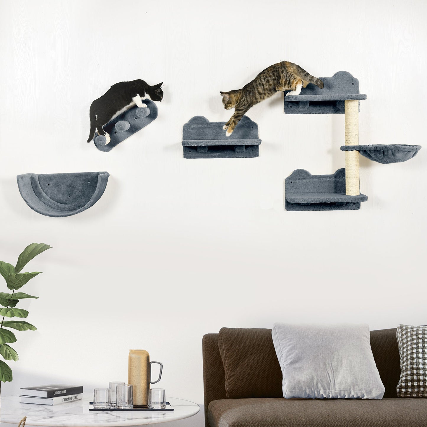 4PCs Wall Mounted Cat Tree Cat Wall Shelves Furniture Climbing Shelf Set Kitten Activity Centre w/ Hammock, Scratching Post - Grey