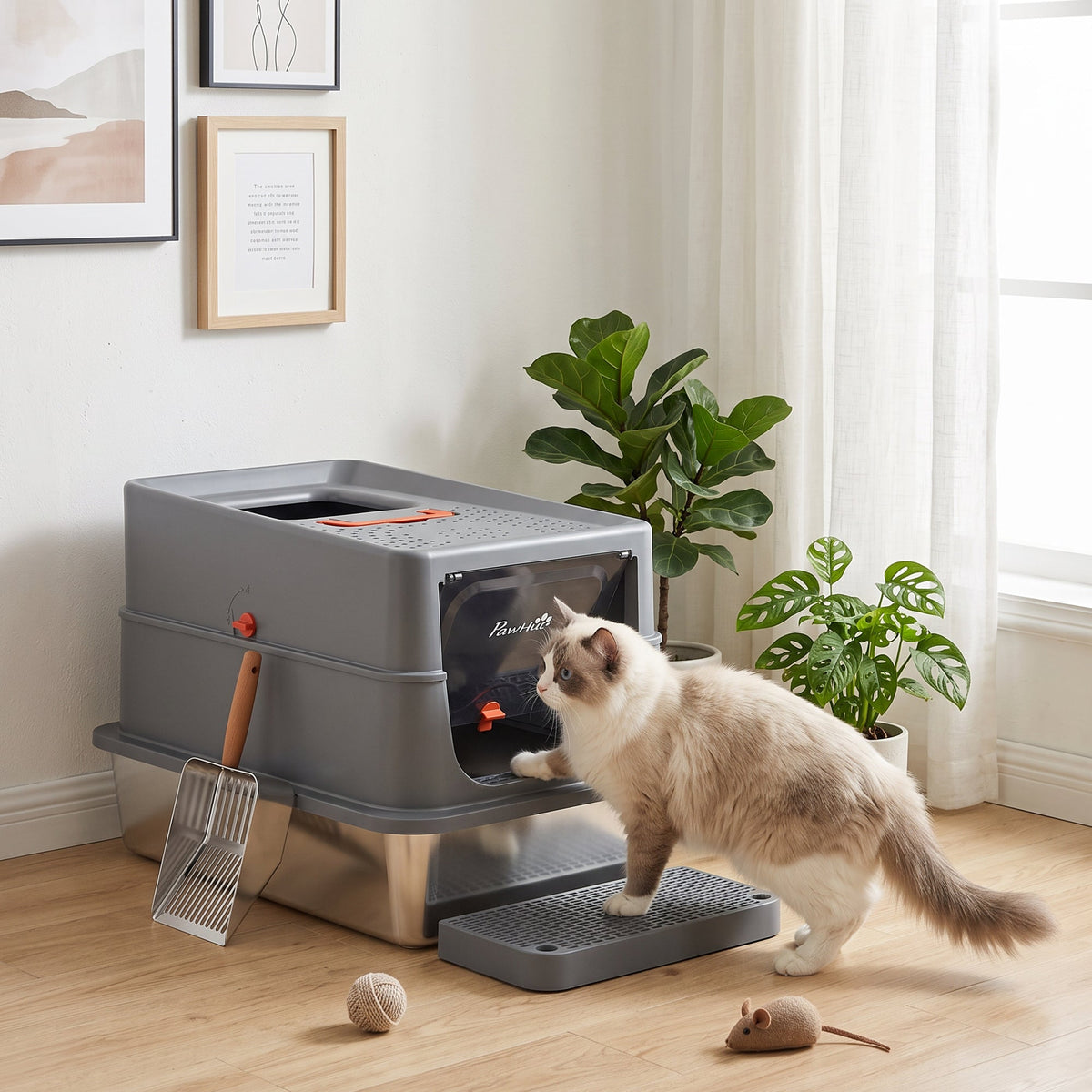 Stainless Steel Cat Litter Tray with Lid, XL 90L Enclosed Cat Litter Box with Step, Scoop, High Side, Front and Top Dual Entry, Easy to Clean, 60 x 40 x 40 cm, Dark Grey