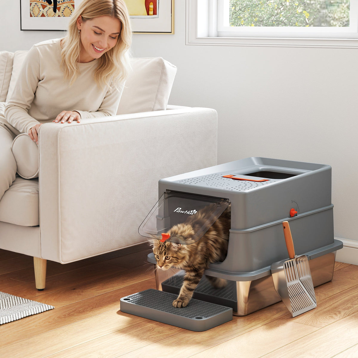 Stainless Steel Cat Litter Tray with Lid, XL 90L Enclosed Cat Litter Box with Step, Scoop, High Side, Front and Top Dual Entry, Easy to Clean, 60 x 40 x 40 cm, Dark Grey