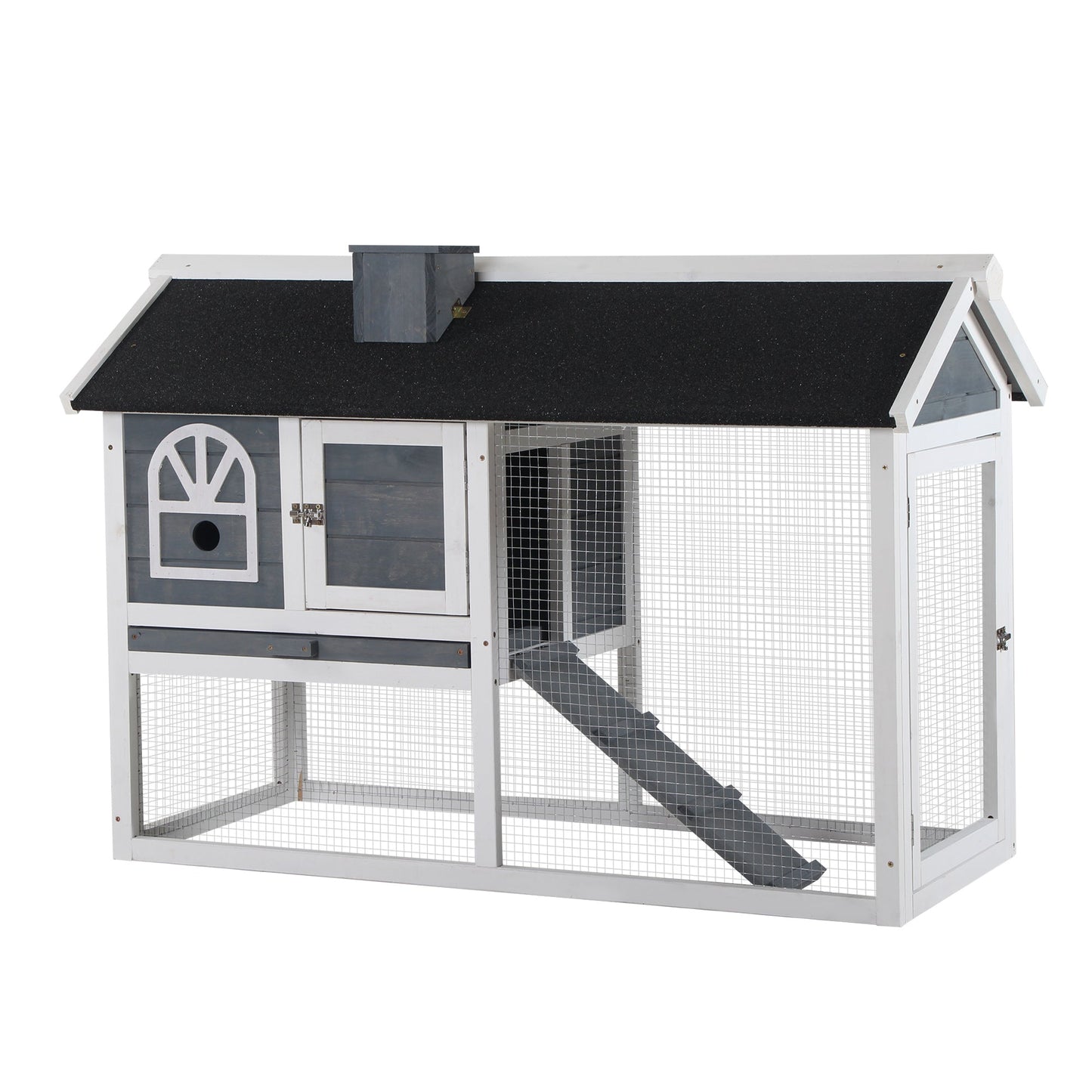 2 Tiers Rabbit Hutch and Run Wooden Guinea Pig Hutch Outdoor with Sliding Tray, Ramp, Water-resistant Roof, for 2-4 Rabbits, Grey