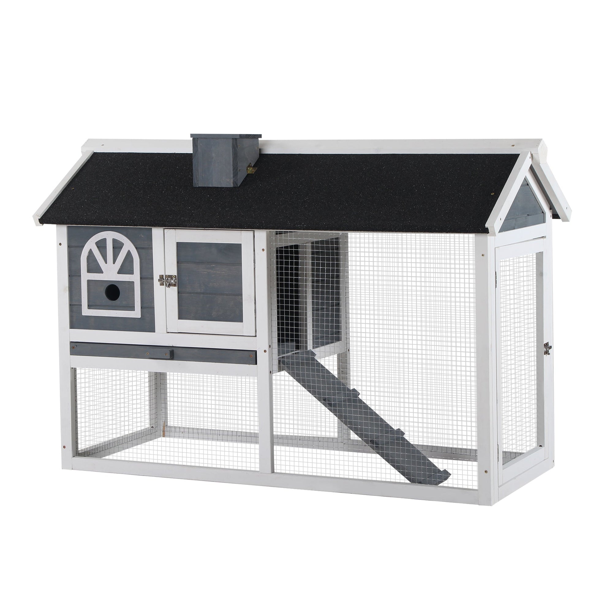 2 Tiers Rabbit Hutch and Run Wooden Guinea Pig Hutch Outdoor with Sliding Tray, Ramp, Water-resistant Roof, for 2-4 Rabbits, Grey