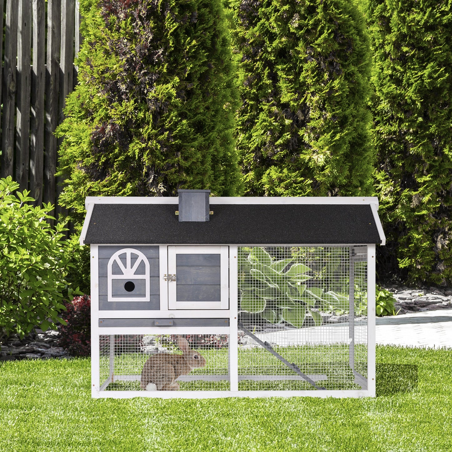 2 Tiers Rabbit Hutch and Run Wooden Guinea Pig Hutch Outdoor with Sliding Tray, Ramp, Water-resistant Roof, for 2-4 Rabbits, Grey