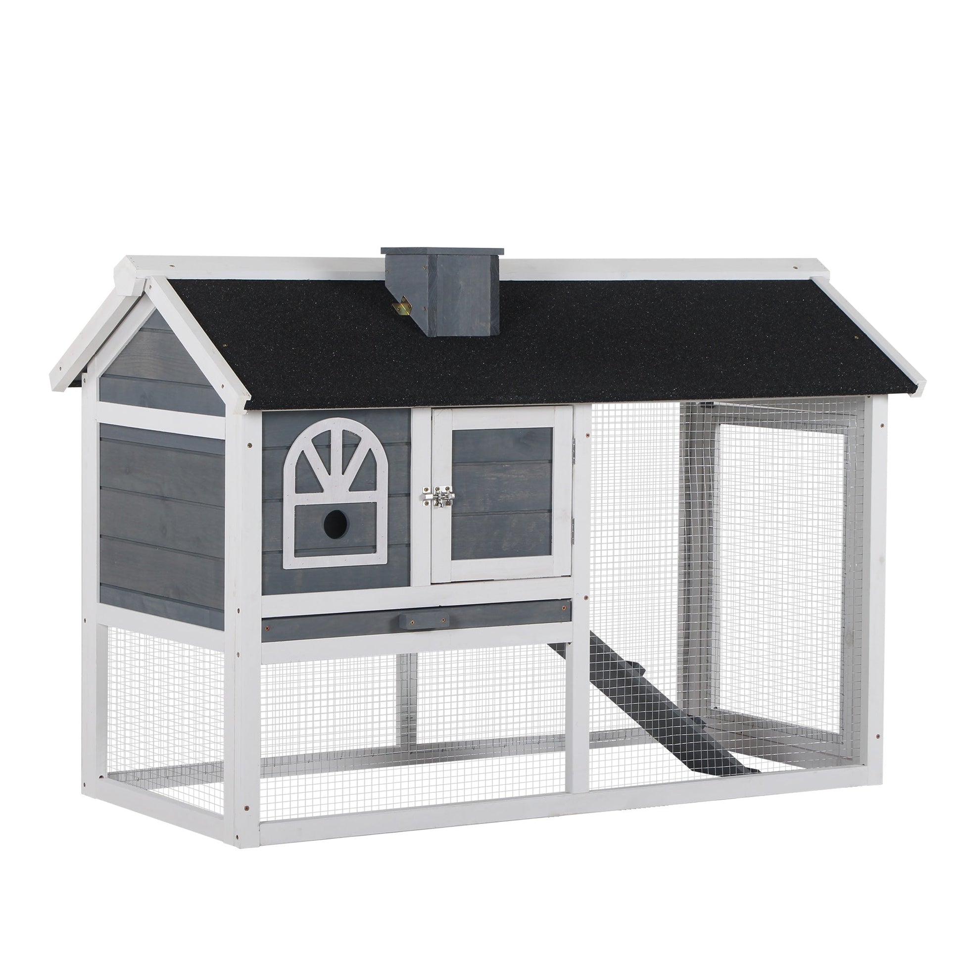 2 Tiers Rabbit Hutch and Run Wooden Guinea Pig Hutch Outdoor with Sliding Tray, Ramp, Water-resistant Roof, for 2-4 Rabbits, Grey