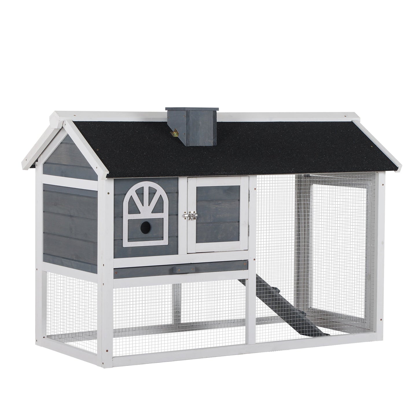 2 Tiers Rabbit Hutch and Run Wooden Guinea Pig Hutch Outdoor with Sliding Tray, Ramp, Water-resistant Roof, for 2-4 Rabbits, Grey