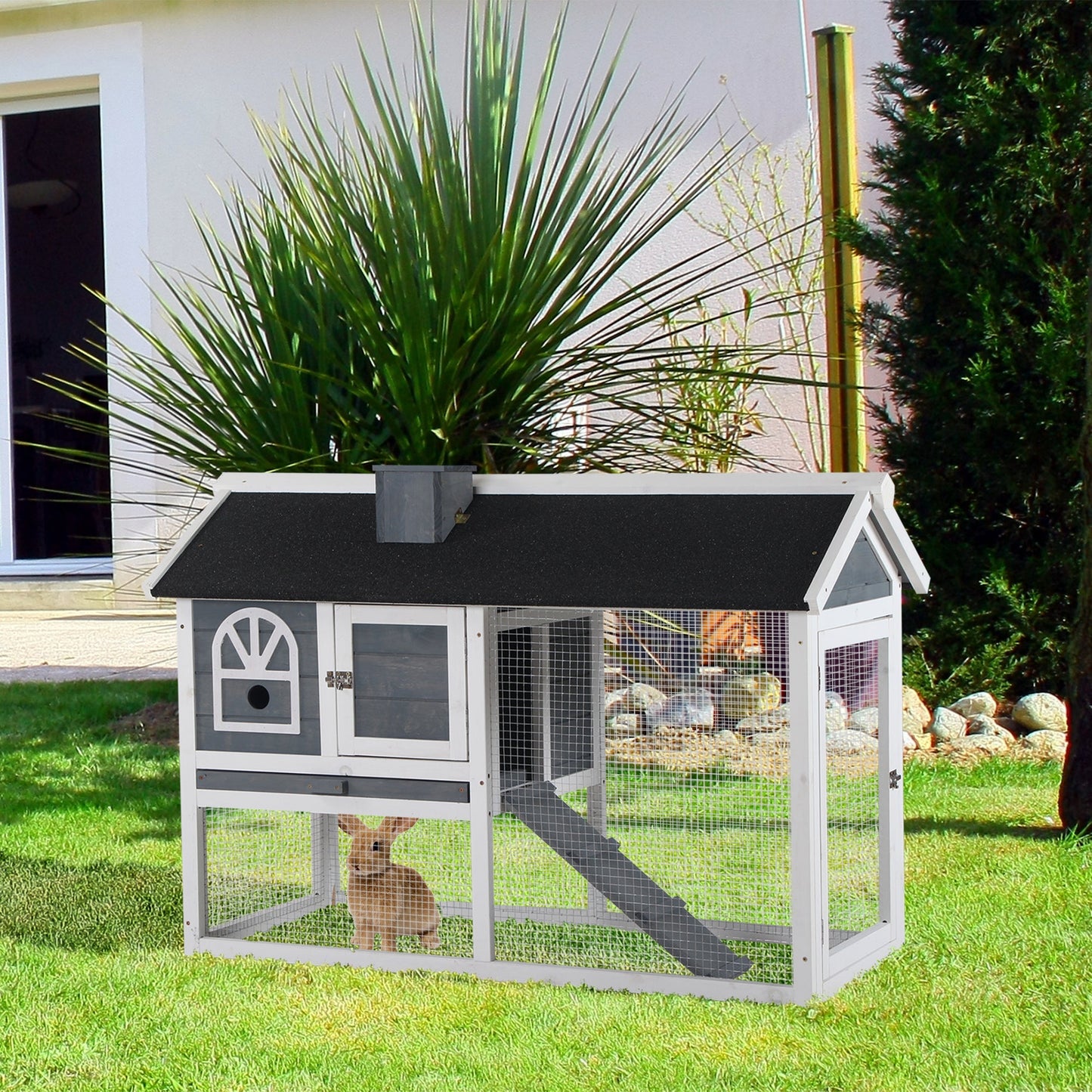 2 Tiers Rabbit Hutch and Run Wooden Guinea Pig Hutch Outdoor with Sliding Tray, Ramp, Water-resistant Roof, for 2-4 Rabbits, Grey
