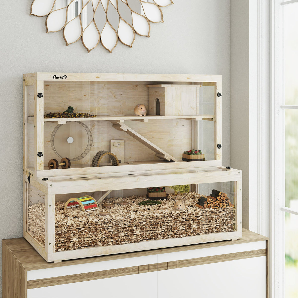 Wooden Hamster Cage, Large Gerbil Cage with Hut, Wheel, Ramps, 3 Tier Small Animal Habitat with Removable Viewing Panels, 100 x 50 x 84 cm, Natural Wood