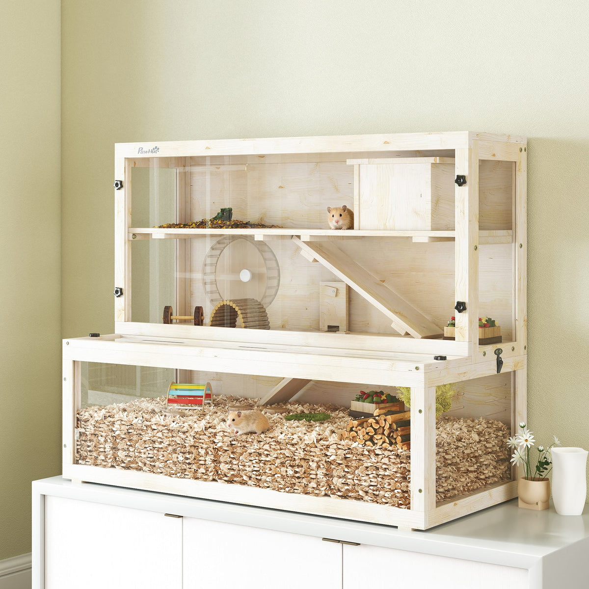 Wooden Hamster Cage, Large Gerbil Cage with Hut, Wheel, Ramps, 3 Tier Small Animal Habitat with Removable Viewing Panels, 100 x 50 x 84 cm, Natural Wood