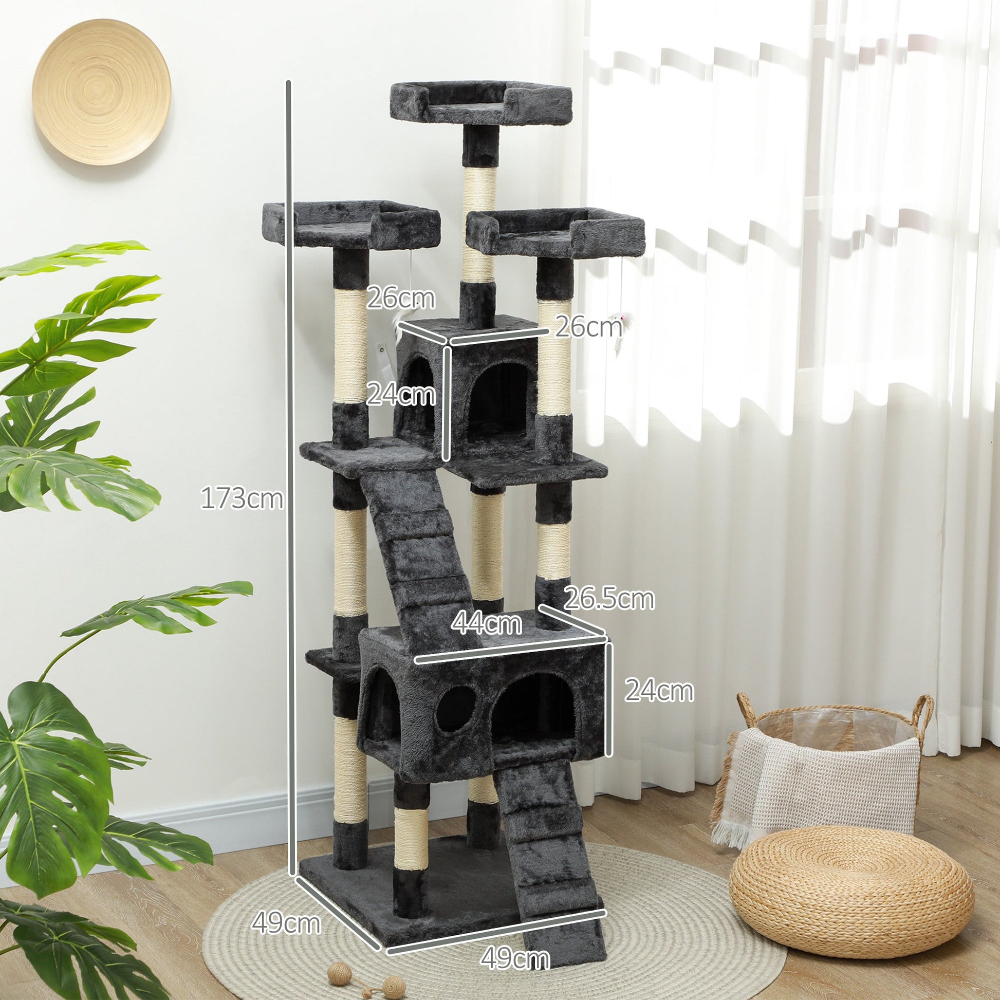 Cat Tree for Indoor Cats, 173cm Cat Tower Scratching Post Tall Climbing Tower, Activity Centre House - Grey