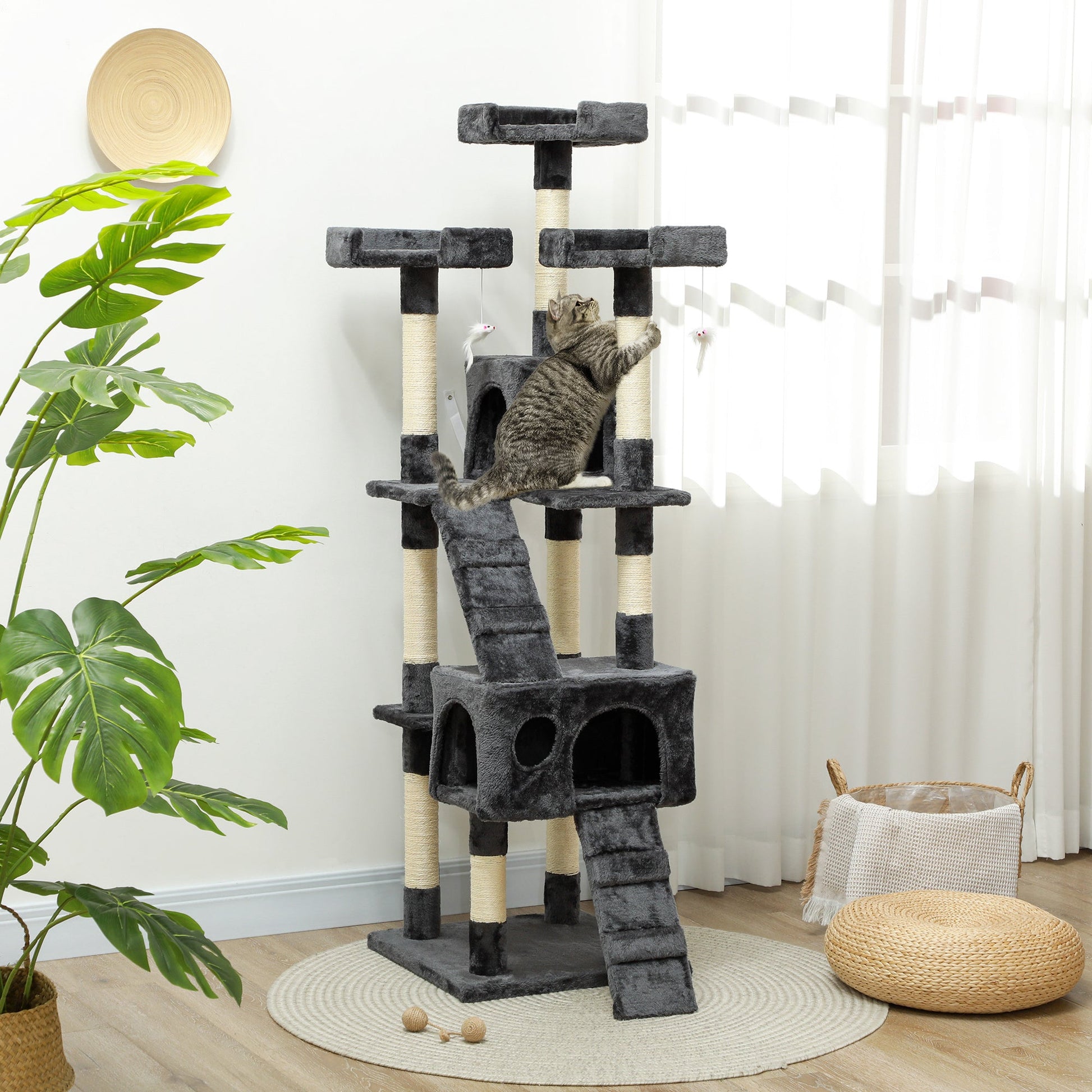 Cat Tree for Indoor Cats, 173cm Cat Tower Scratching Post Tall Climbing Tower, Activity Centre House - Grey