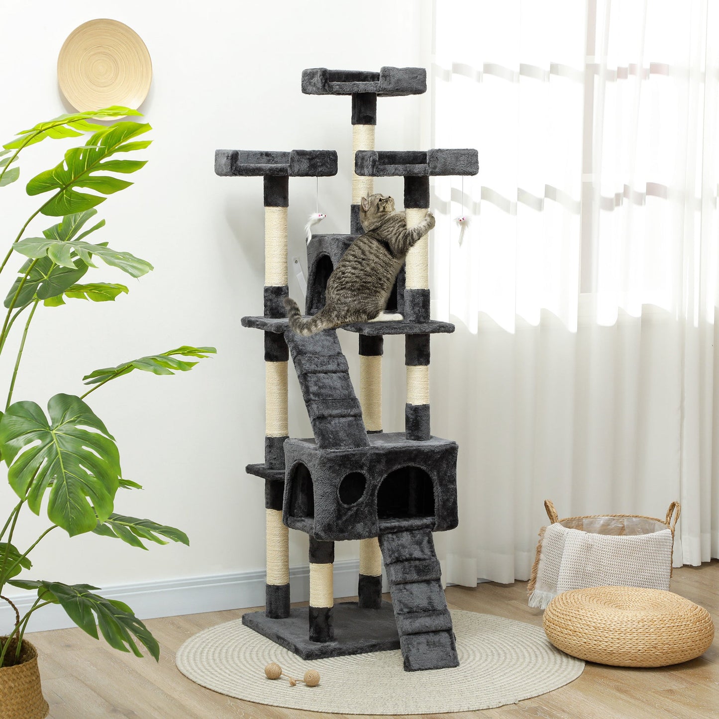 Cat Tree for Indoor Cats, 173cm Cat Tower Scratching Post Tall Climbing Tower, Activity Centre House - Grey