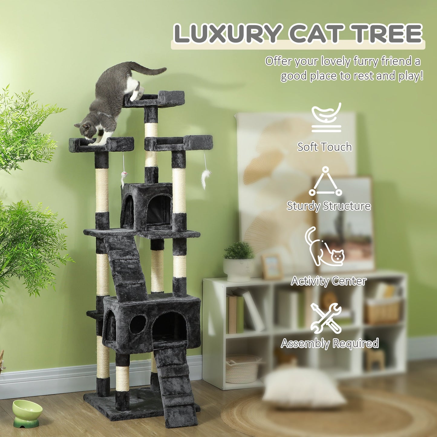 Cat Tree for Indoor Cats, 173cm Cat Tower Scratching Post Tall Climbing Tower, Activity Centre House - Grey