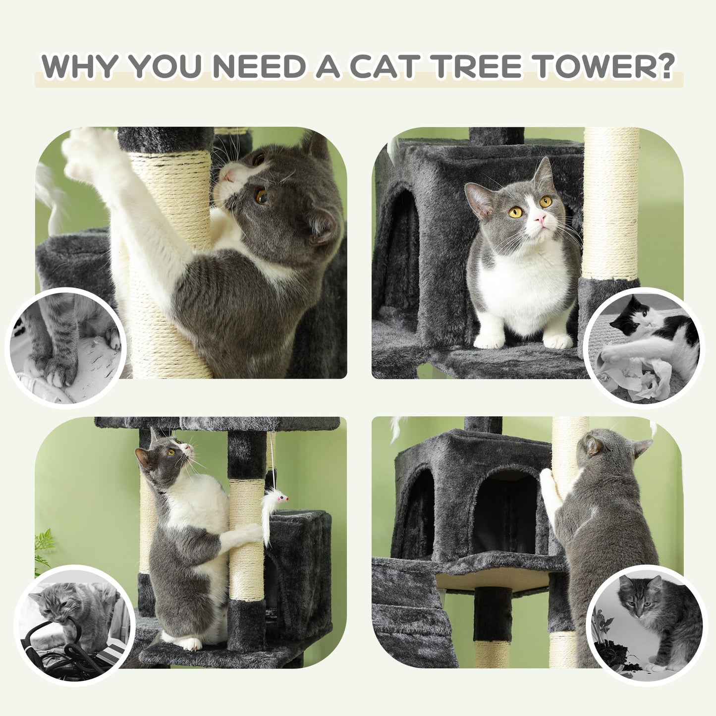 Cat Tree for Indoor Cats, 173cm Cat Tower Scratching Post Tall Climbing Tower, Activity Centre House - Grey