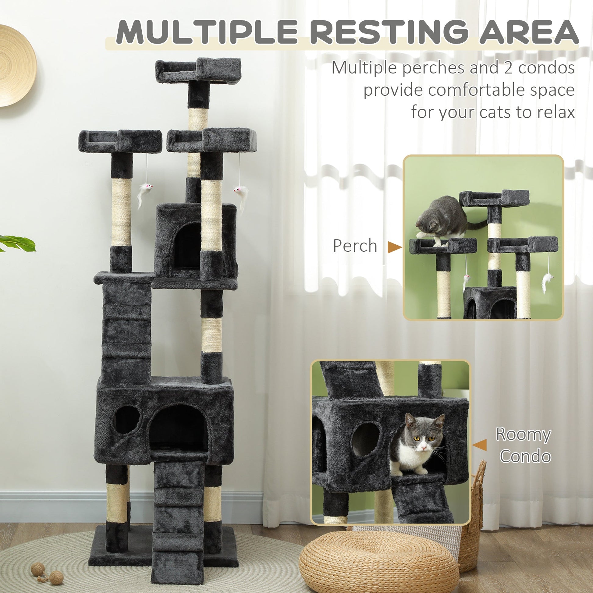Cat Tree for Indoor Cats, 173cm Cat Tower Scratching Post Tall Climbing Tower, Activity Centre House - Grey