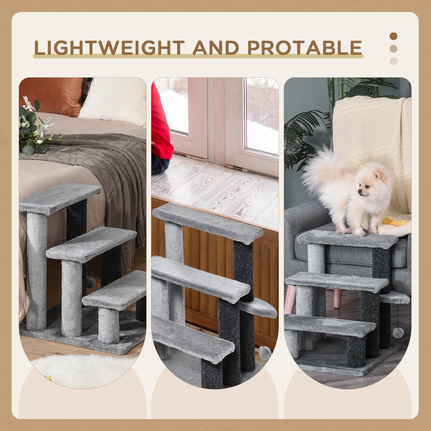 Pet Stairs, Cat Tree Climb Ladder with 3-step Stair, Scratching Posts, Platforms, Toy Ball, for Indoor Cats, Grey