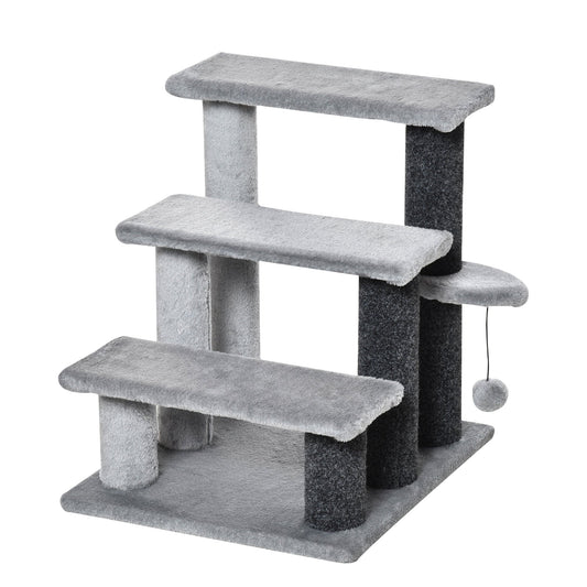 Pet Stairs, Cat Tree Climb Ladder with 3-step Stair, Scratching Posts, Platforms, Toy Ball, for Indoor Cats, Grey